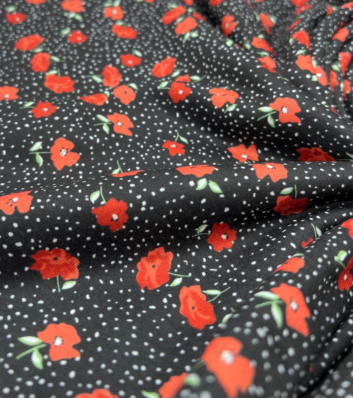 Black Red Poppy Print Spun Poly Stretch Fabric - T9 Fabrics