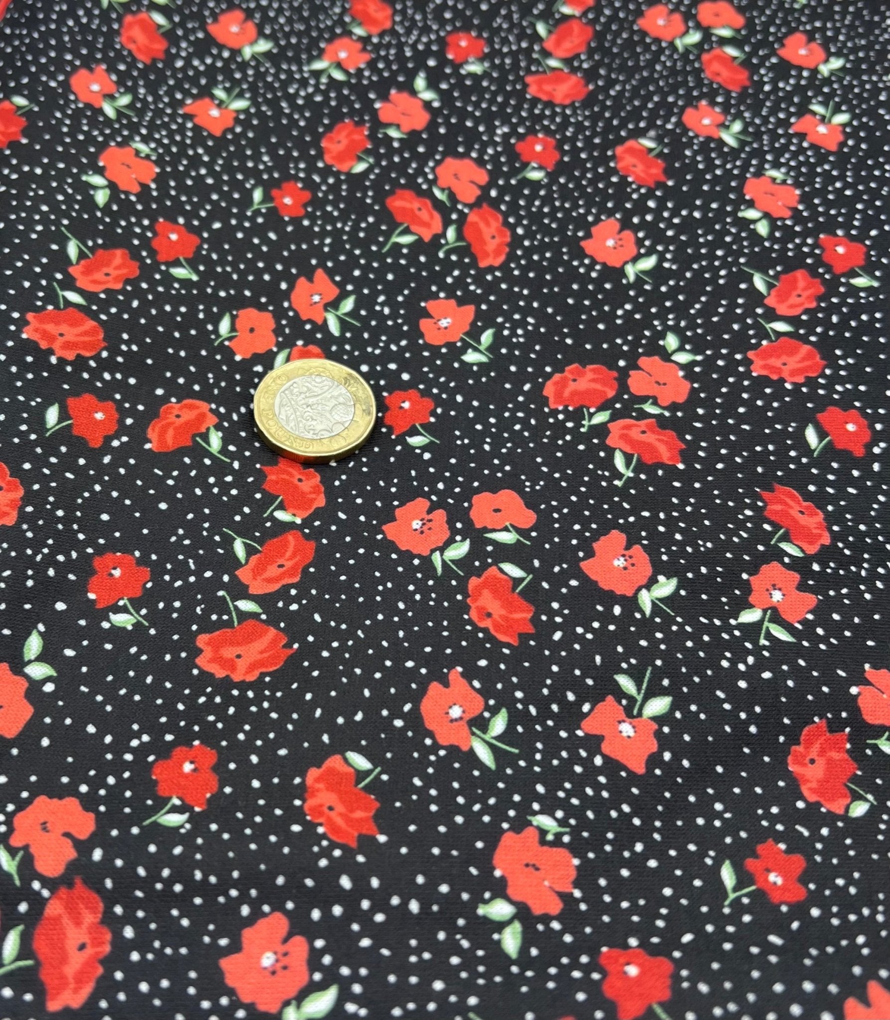 Black Red Poppy Print Spun Poly Stretch Fabric - T9 Fabrics