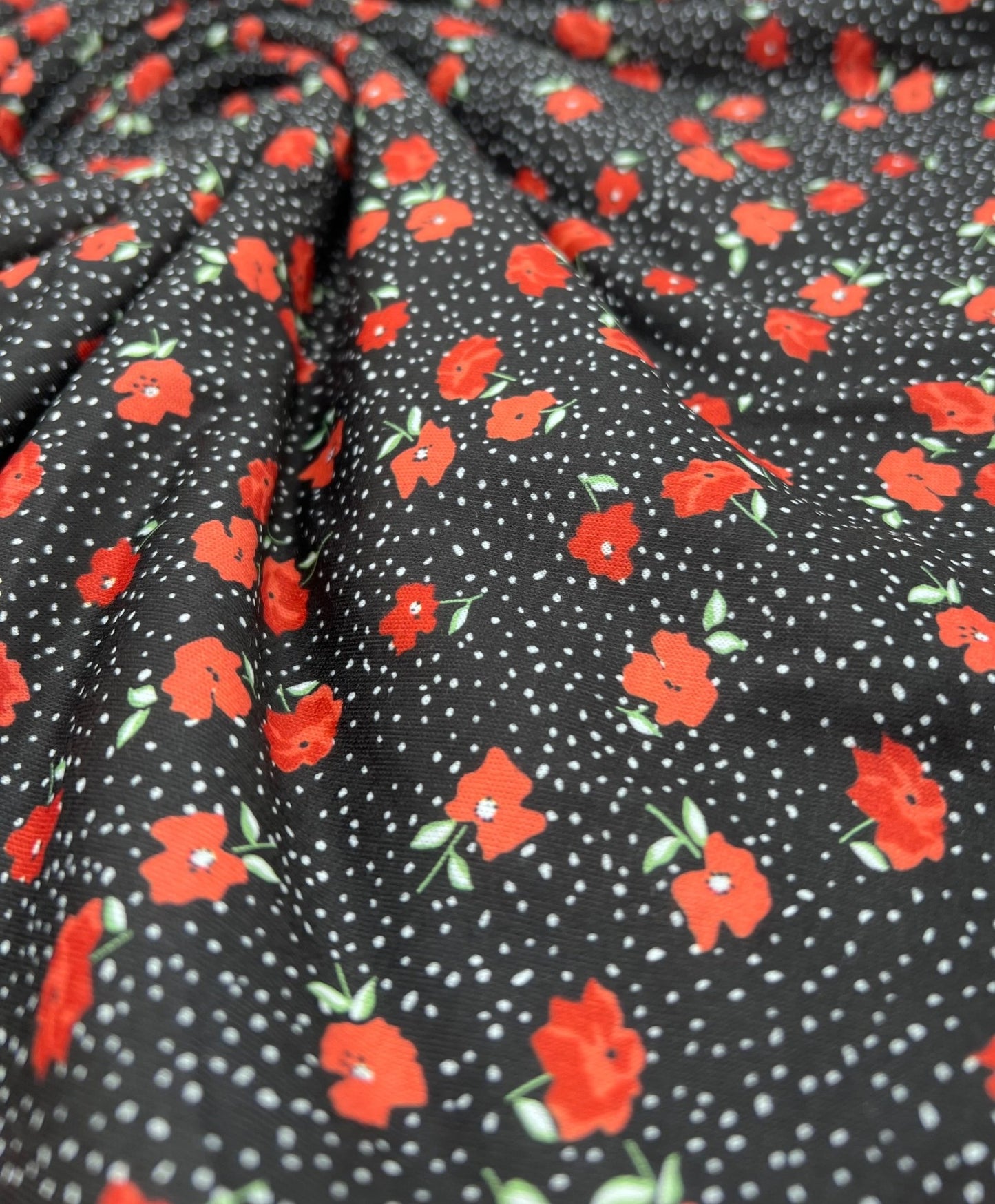 Black Red Poppy Print Spun Poly Stretch Fabric - T9 Fabrics