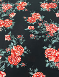 Black Red Rose Floral Printed Chiffon Dress Fabric - T9 Fabrics