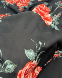 Black Red Rose Floral Printed Chiffon Dress Fabric - T9 Fabrics