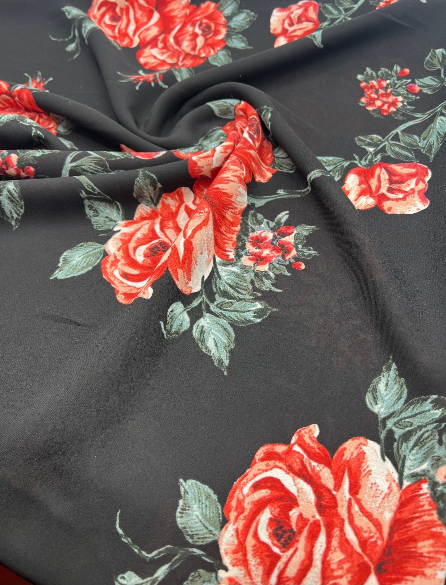 Black Red Rose Floral Printed Chiffon Dress Fabric - T9 Fabrics