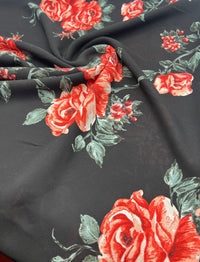 Black Red Rose Floral Printed Chiffon Dress Fabric - T9 Fabrics
