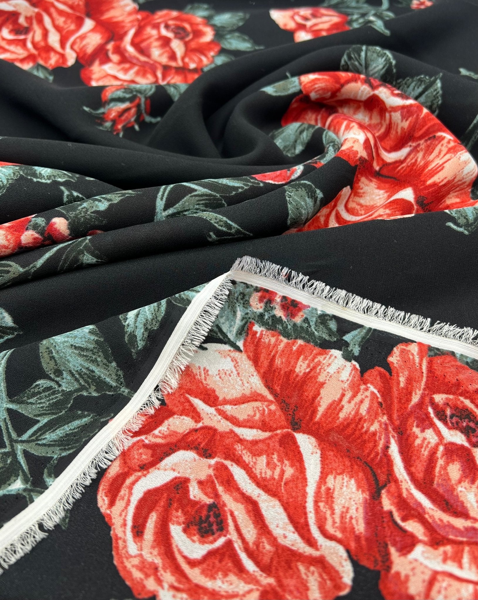 Black Red Rose Floral Printed Chiffon Dress Fabric - T9 Fabrics