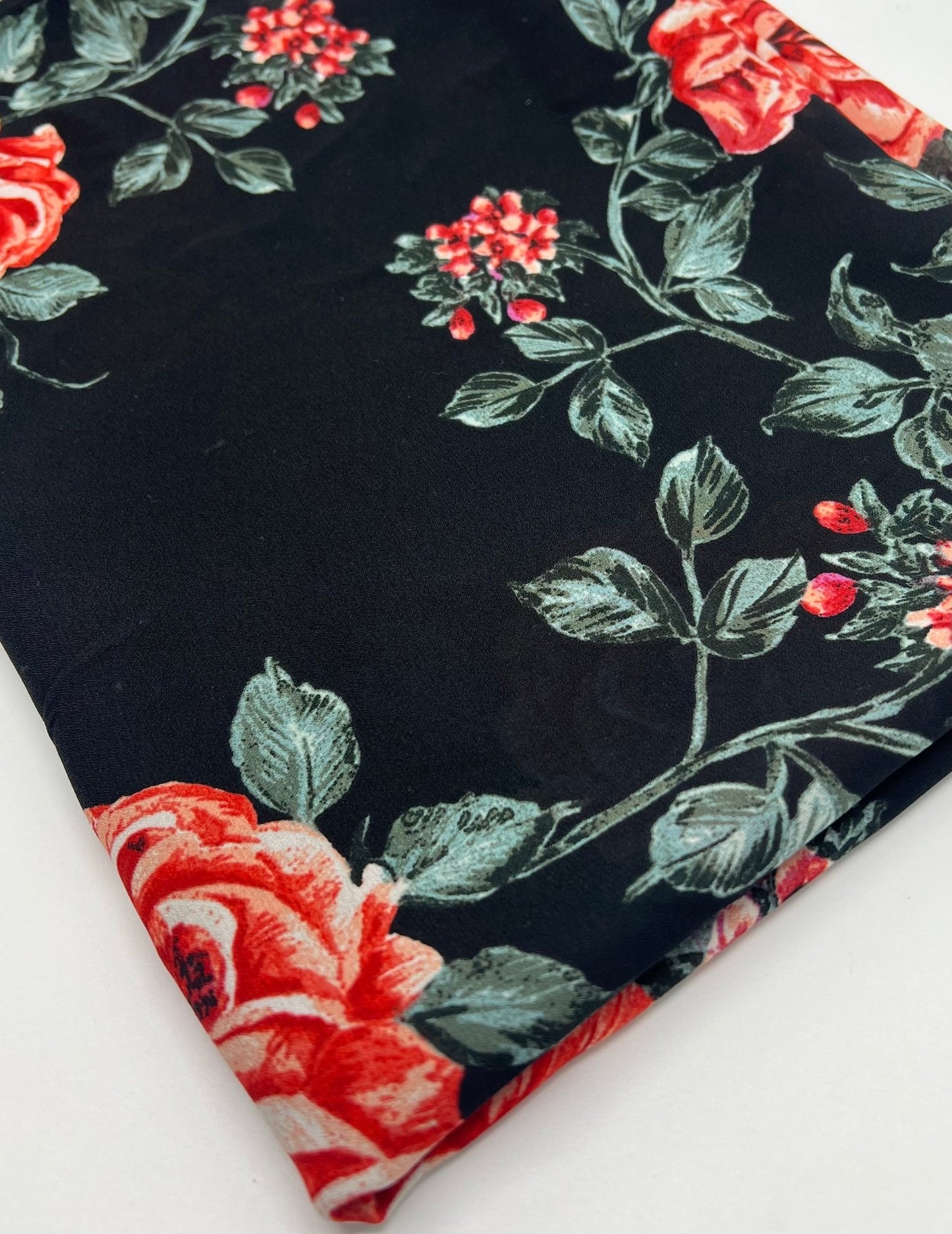 Black Red Rose Floral Printed Chiffon Dress Fabric - T9 Fabrics