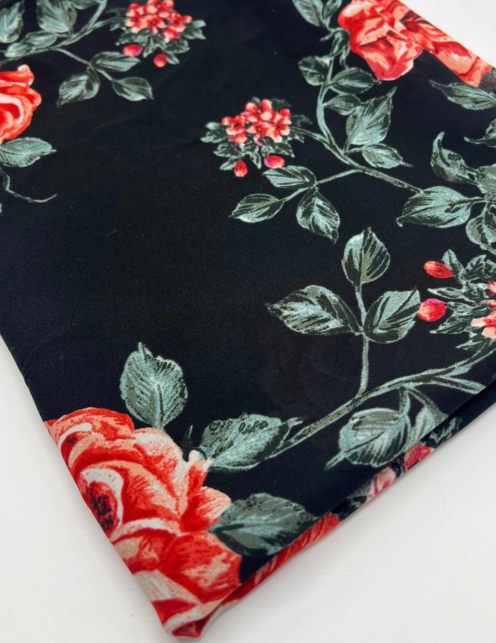 Black Red Rose Floral Printed Chiffon Dress Fabric - T9 Fabrics