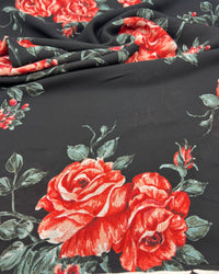 Black Red Rose Floral Printed Chiffon Dress Fabric - T9 Fabrics
