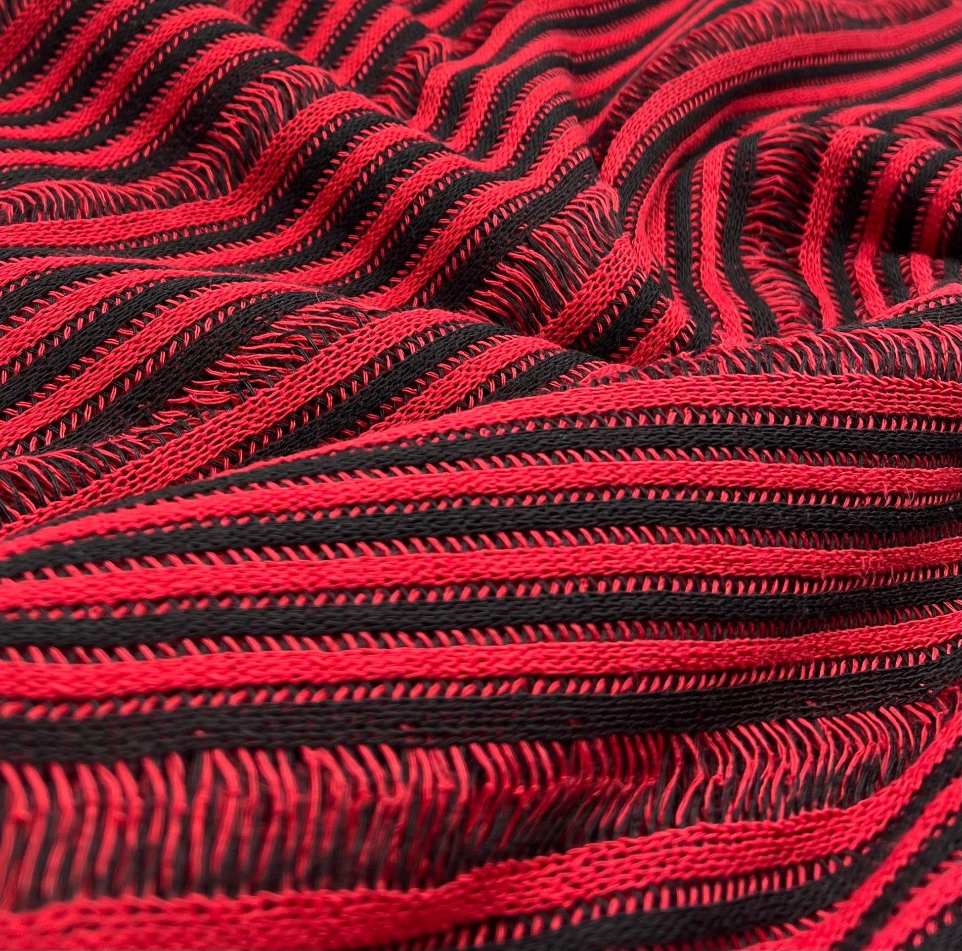 Black Red Stripe Knitted Stretch Fabric - T9 Fabrics