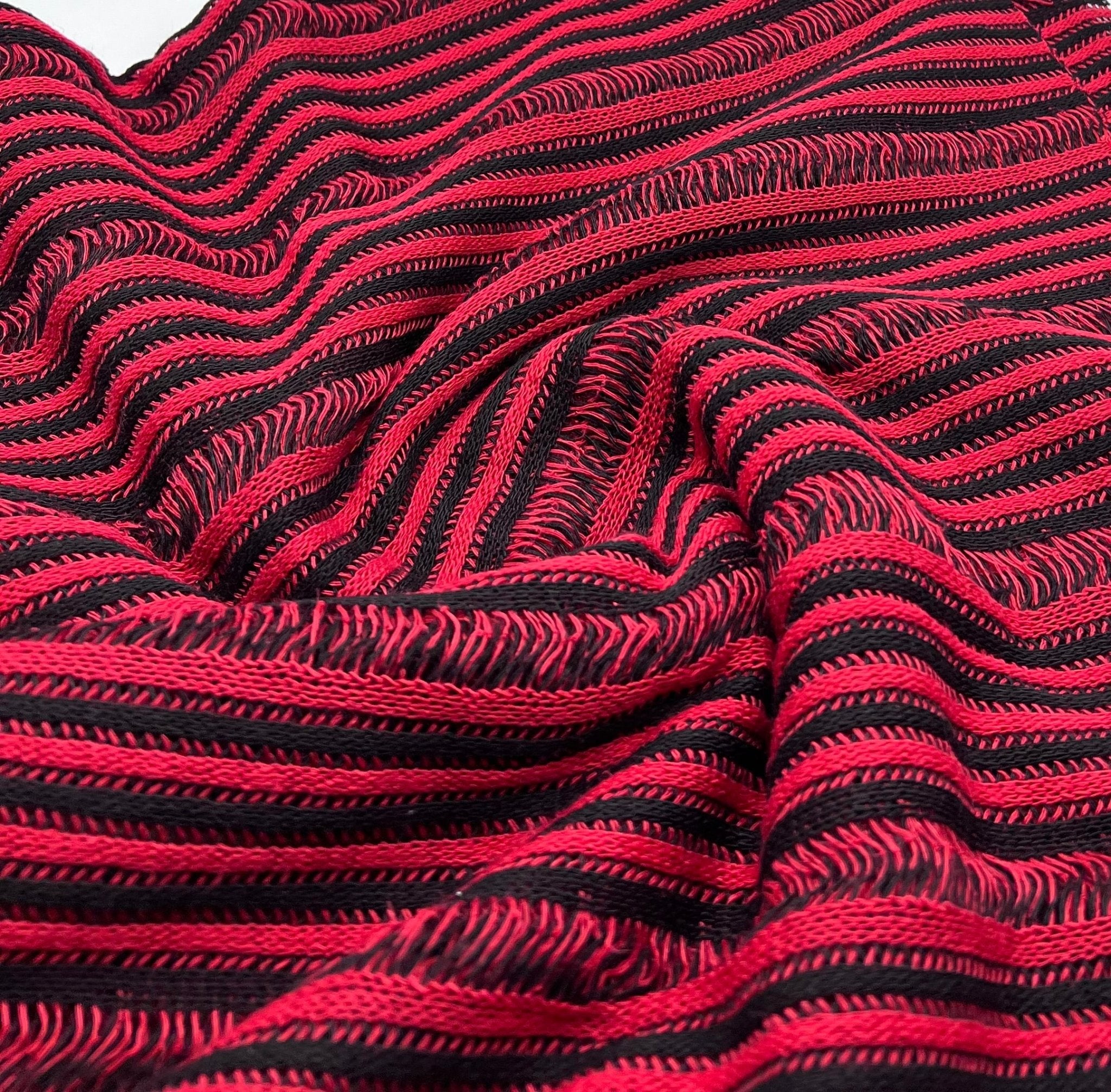 Black Red Stripe Knitted Stretch Fabric - T9 Fabrics