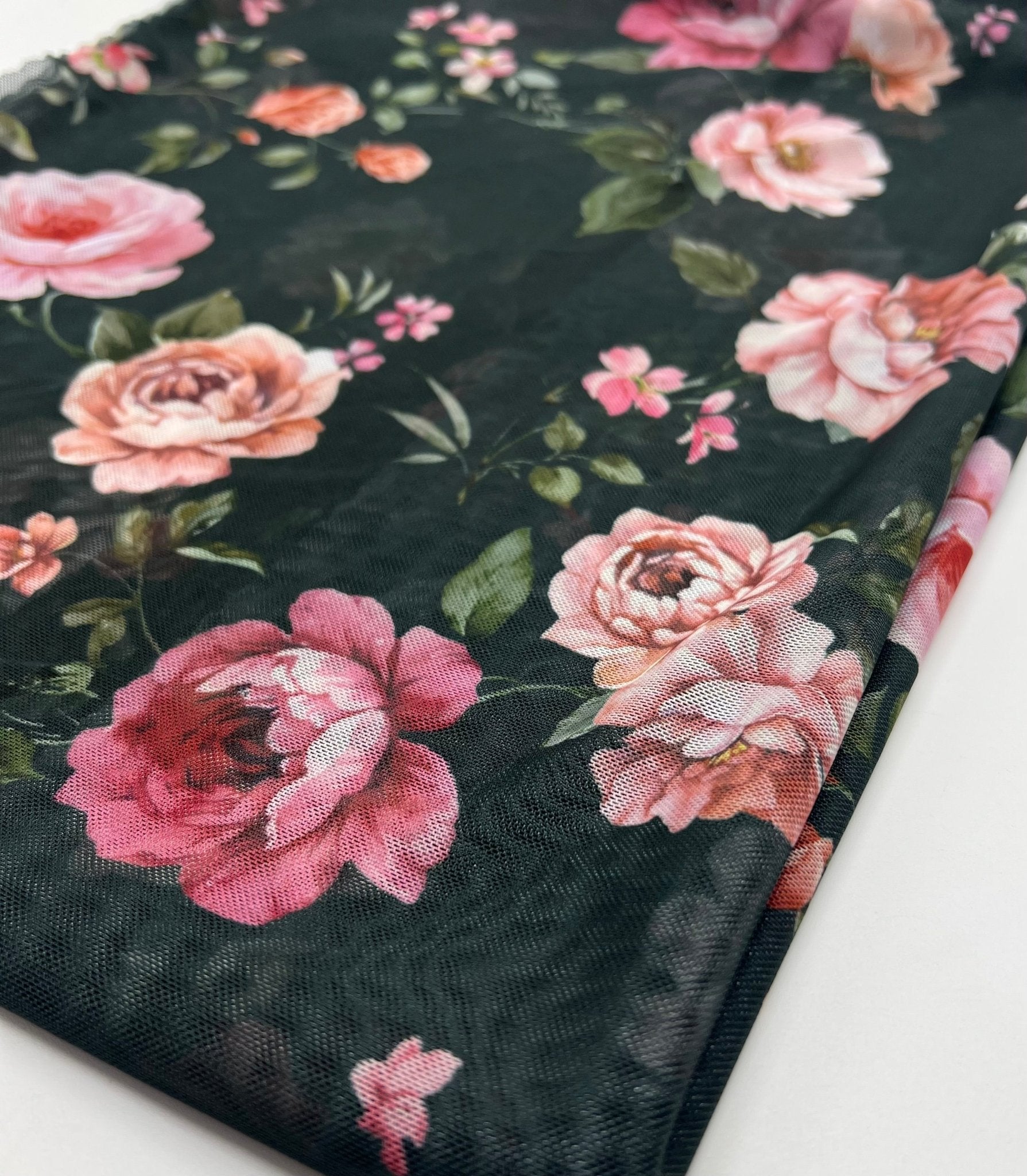 Black Rose Floral Print Mesh Fabric Stretch - T9 Fabrics