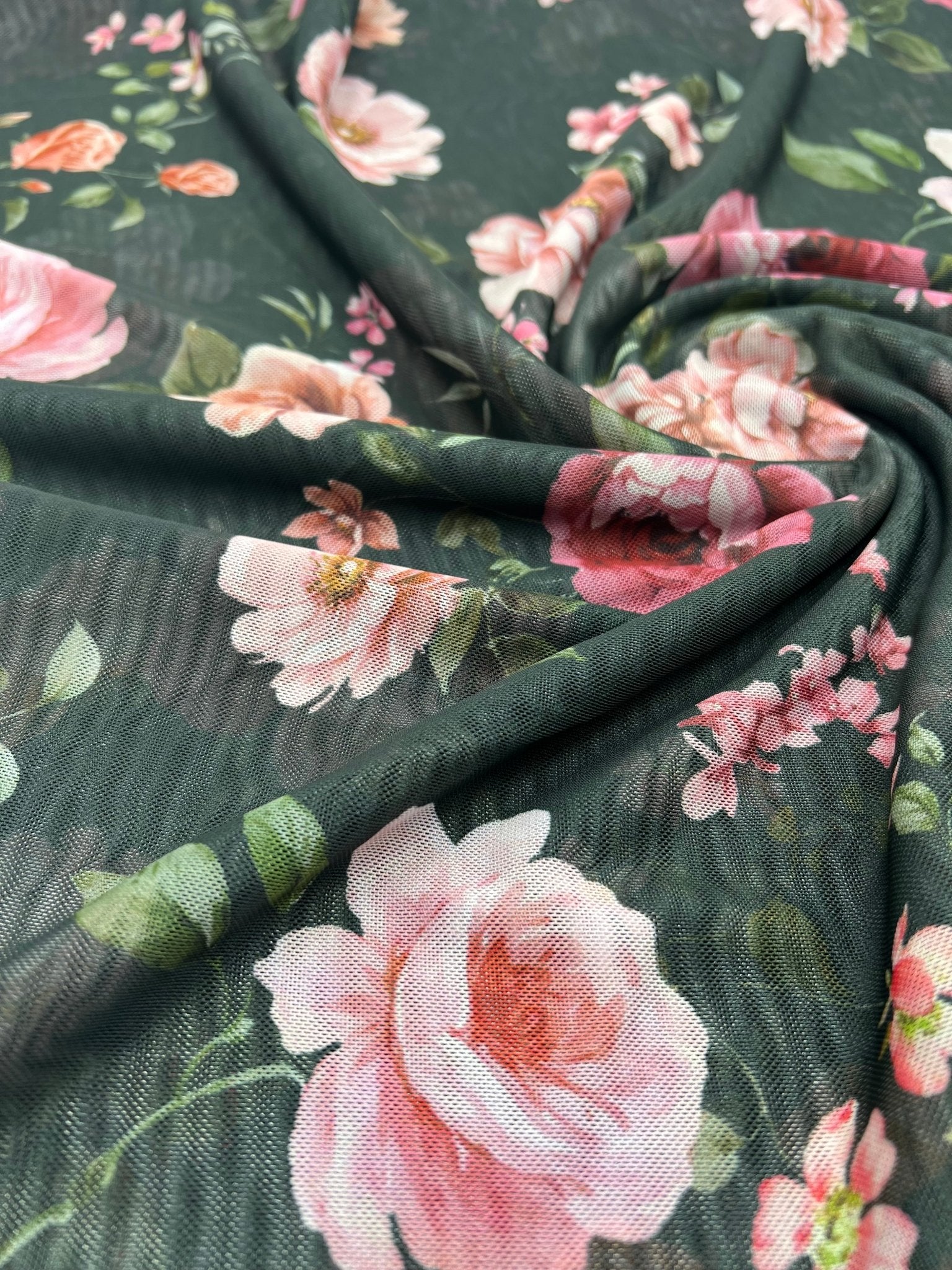 Black Rose Floral Print Mesh Fabric Stretch - T9 Fabrics