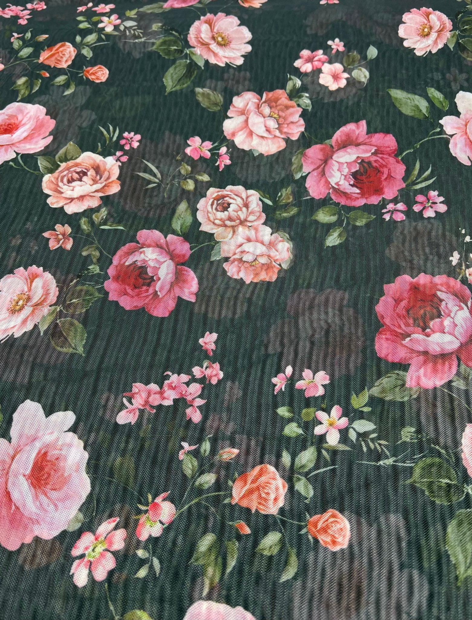 Black Rose Floral Print Mesh Fabric Stretch - T9 Fabrics