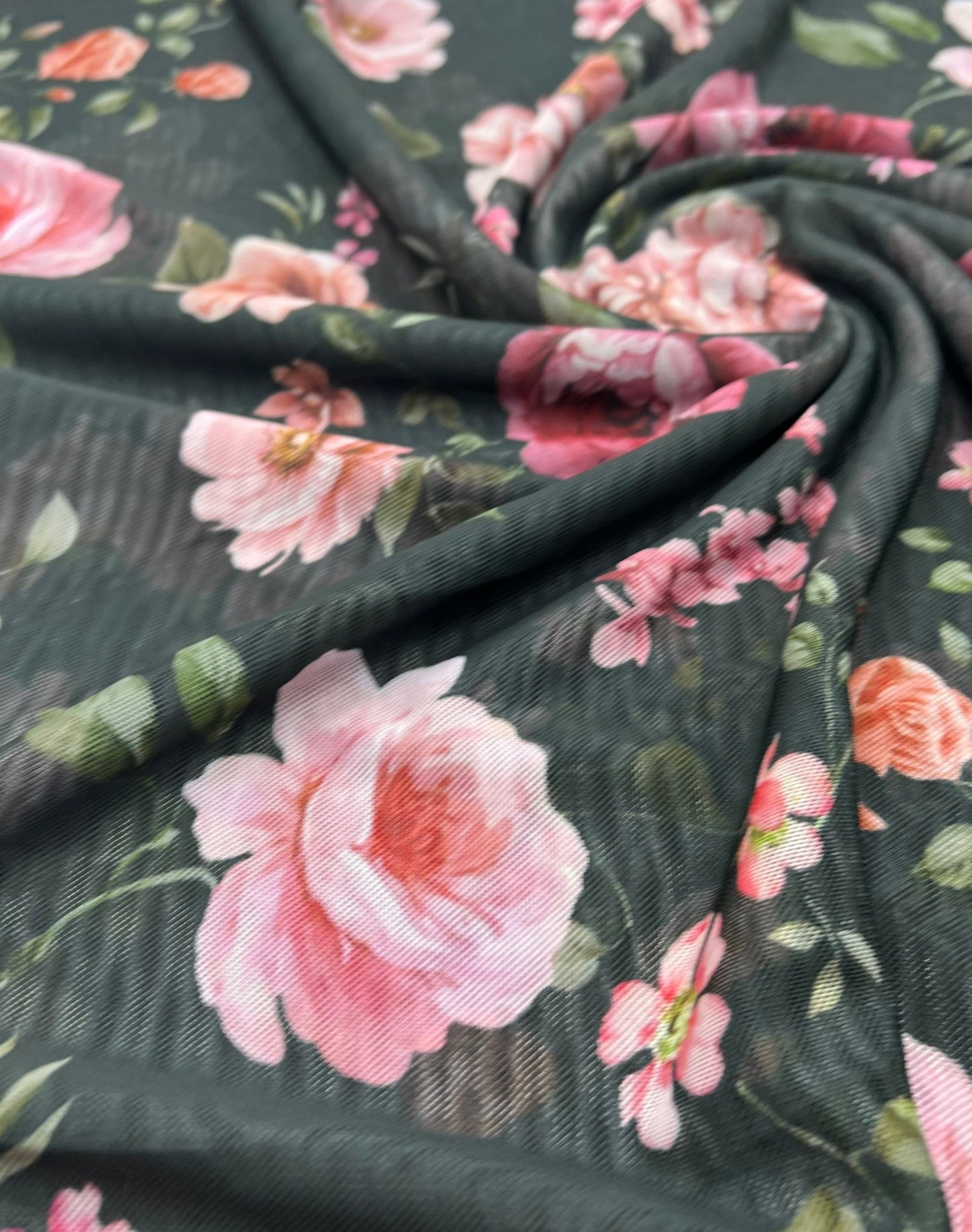 Black Rose Floral Print Mesh Fabric Stretch - T9 Fabrics