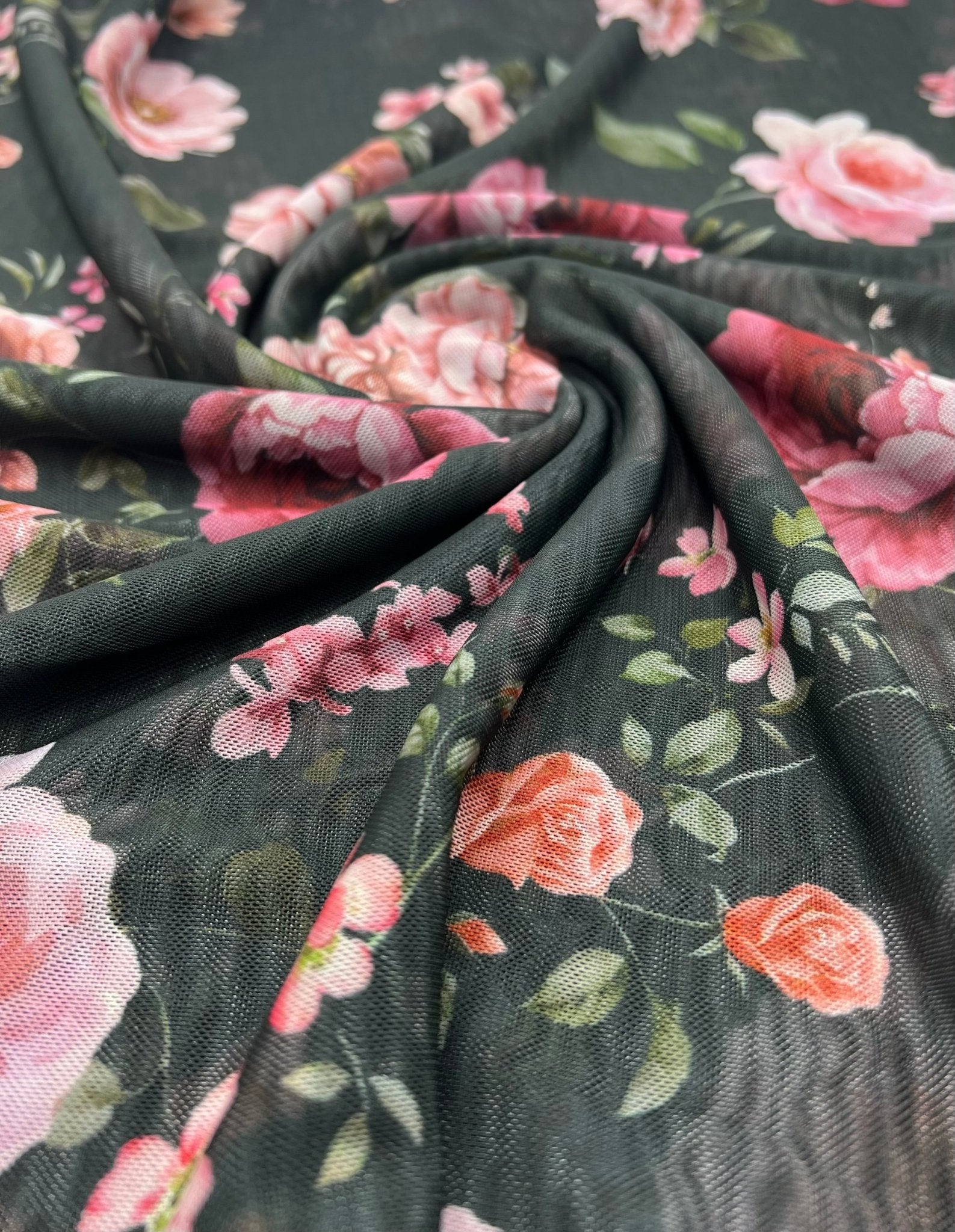 Black Rose Floral Print Mesh Fabric Stretch - T9 Fabrics