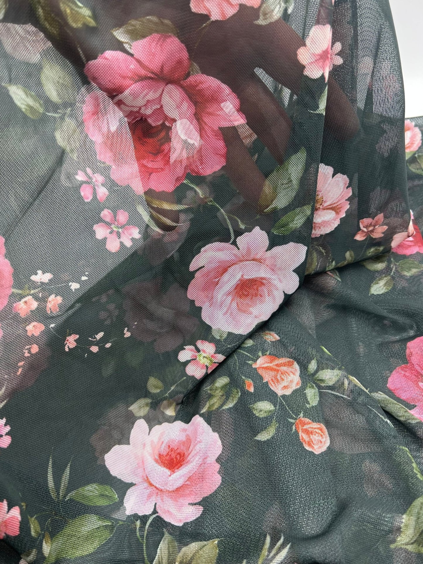 Black Rose Floral Print Mesh Fabric Stretch - T9 Fabrics