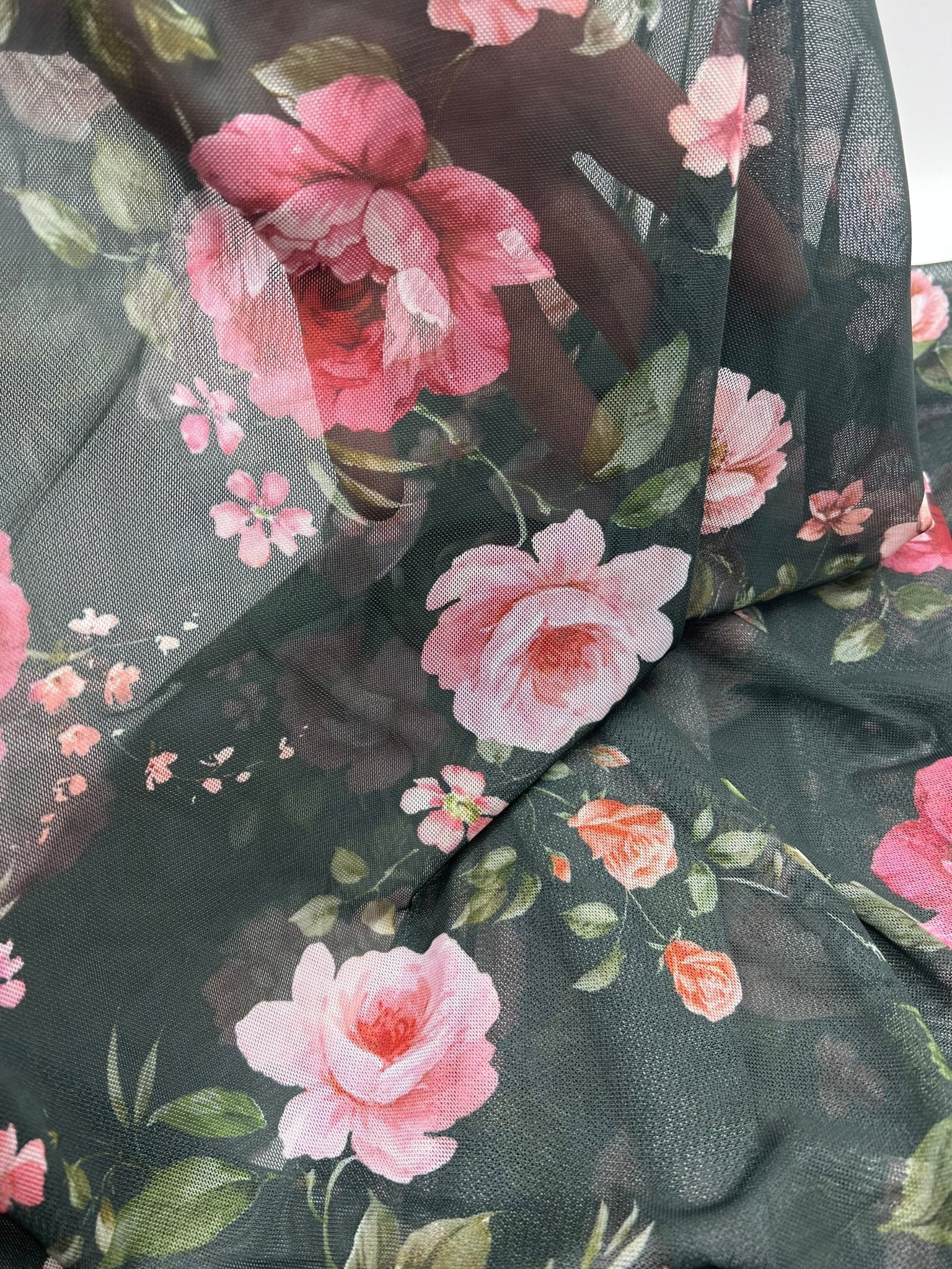 Black Rose Floral Print Mesh Fabric Stretch - T9 Fabrics