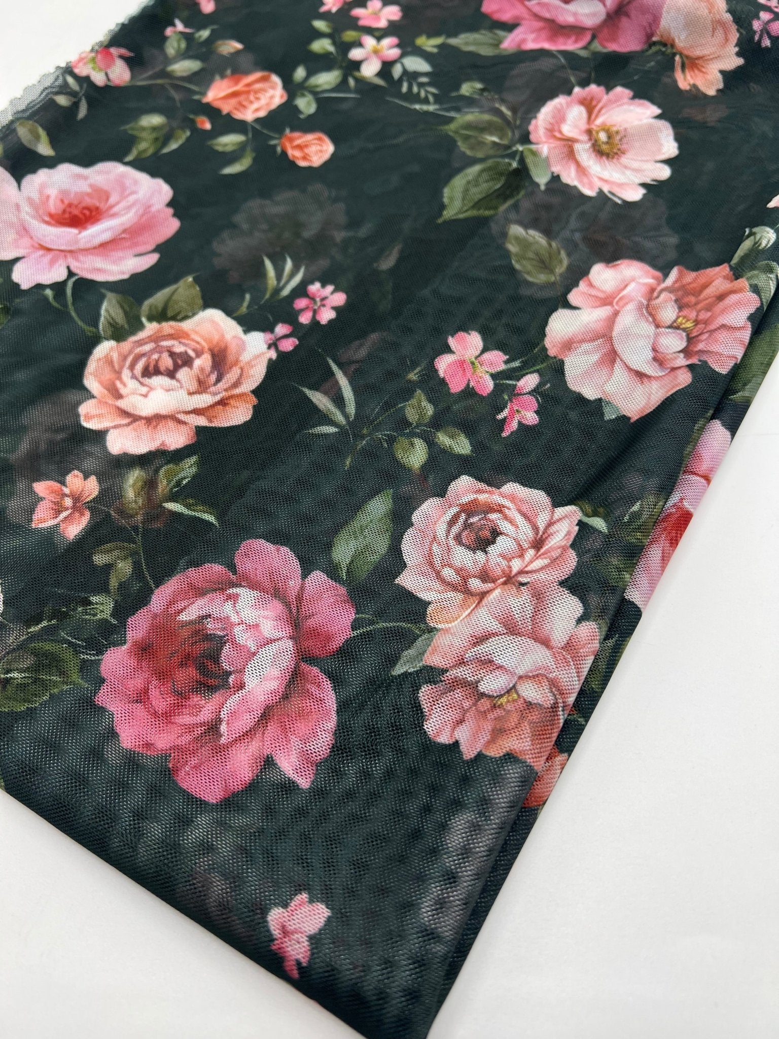 Black Rose Floral Print Mesh Fabric Stretch - T9 Fabrics