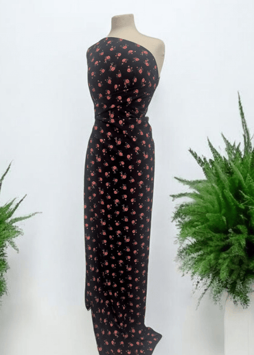 Black Rose Print Lightweight Bubble Crepe Fabric - T9 Fabrics