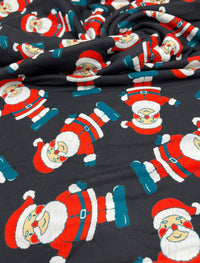 Black Rosy Cheek Santa Print Soft Spun Poly Stretch Fabric - T9 Fabrics