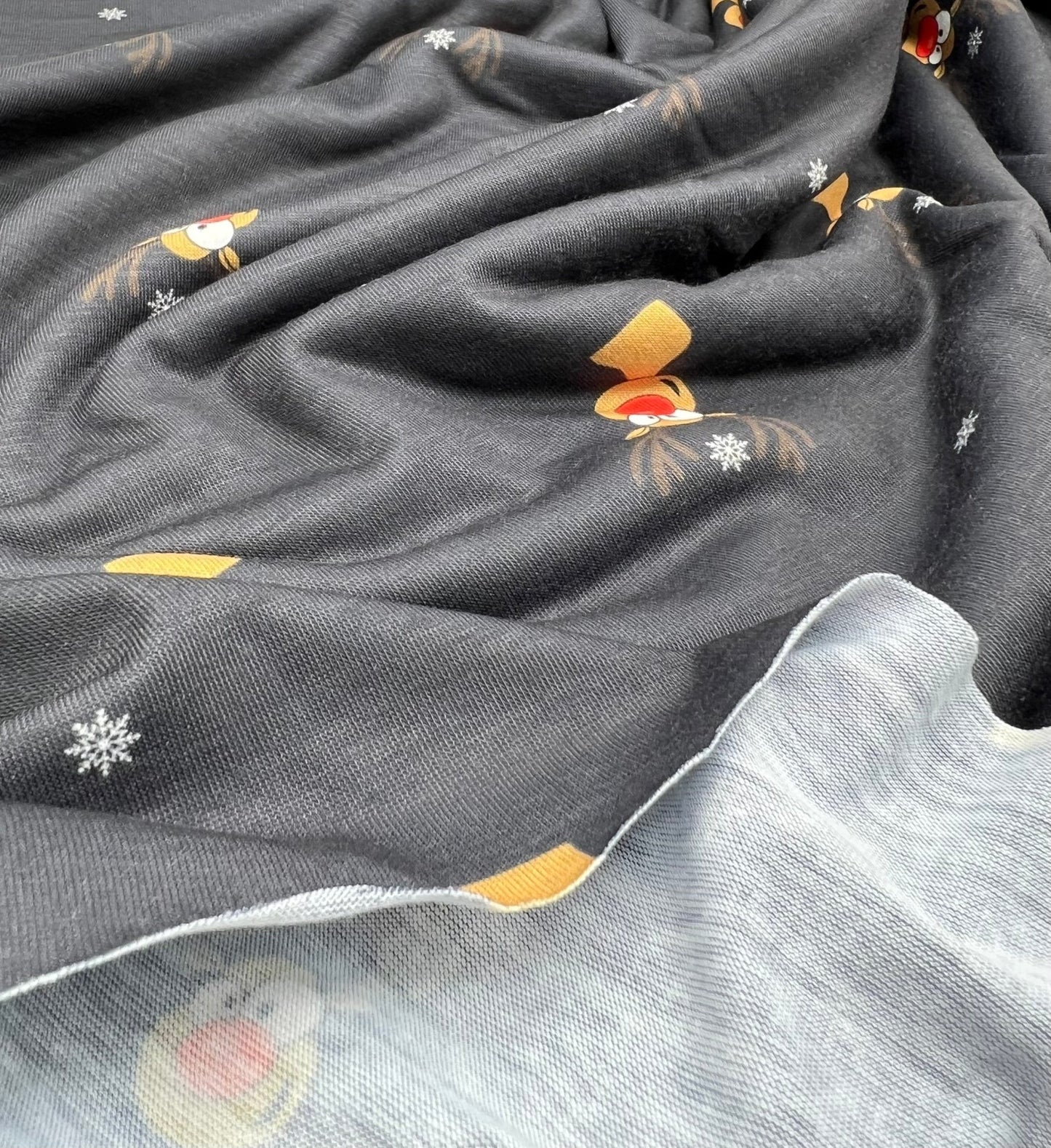 Black Rudolph Print Soft Spun Poly Stretch Fabric - T9 Fabrics