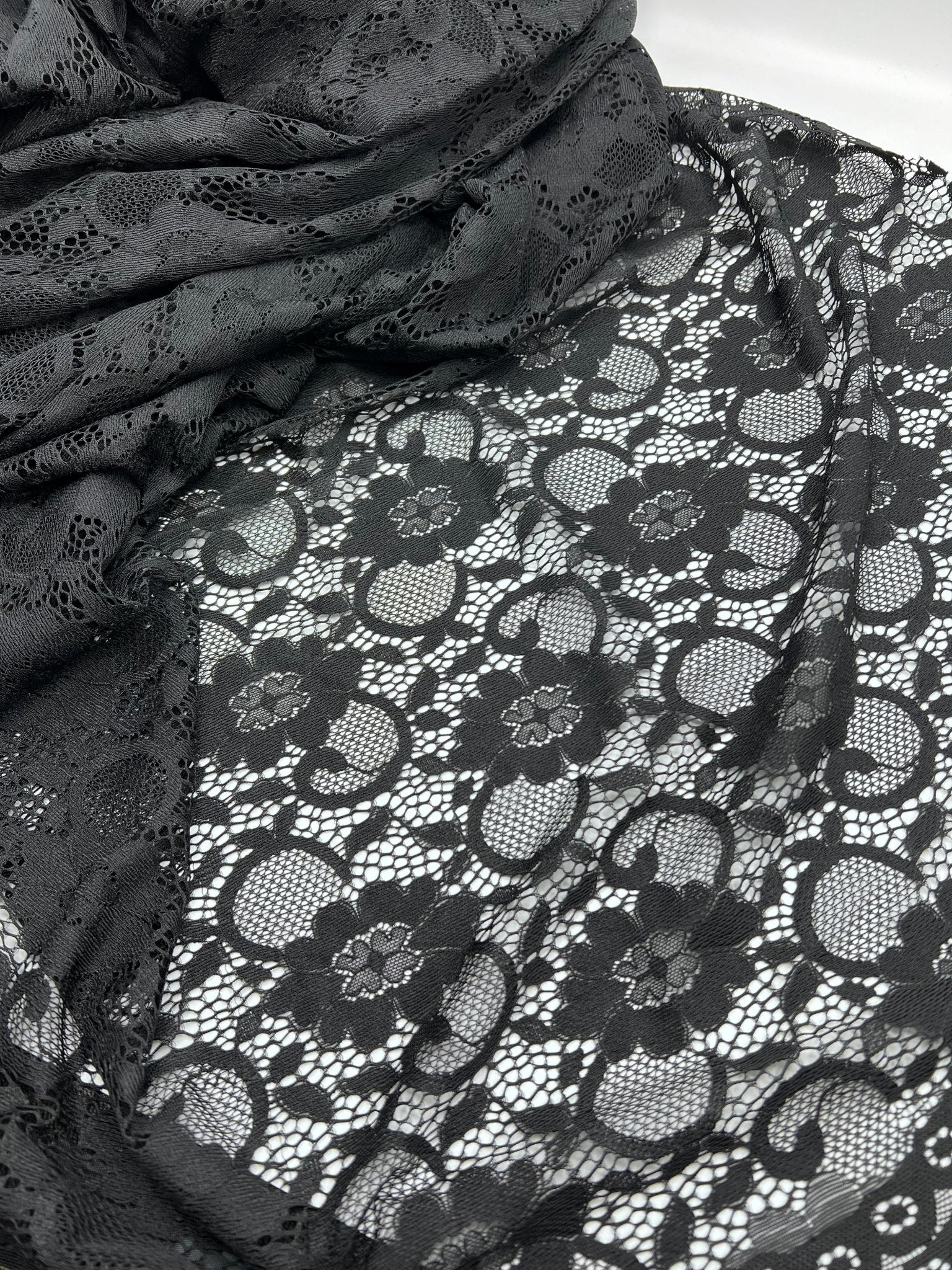 Black Scalloped Edge Floral Lace Fabric Stretch - T9 Fabrics