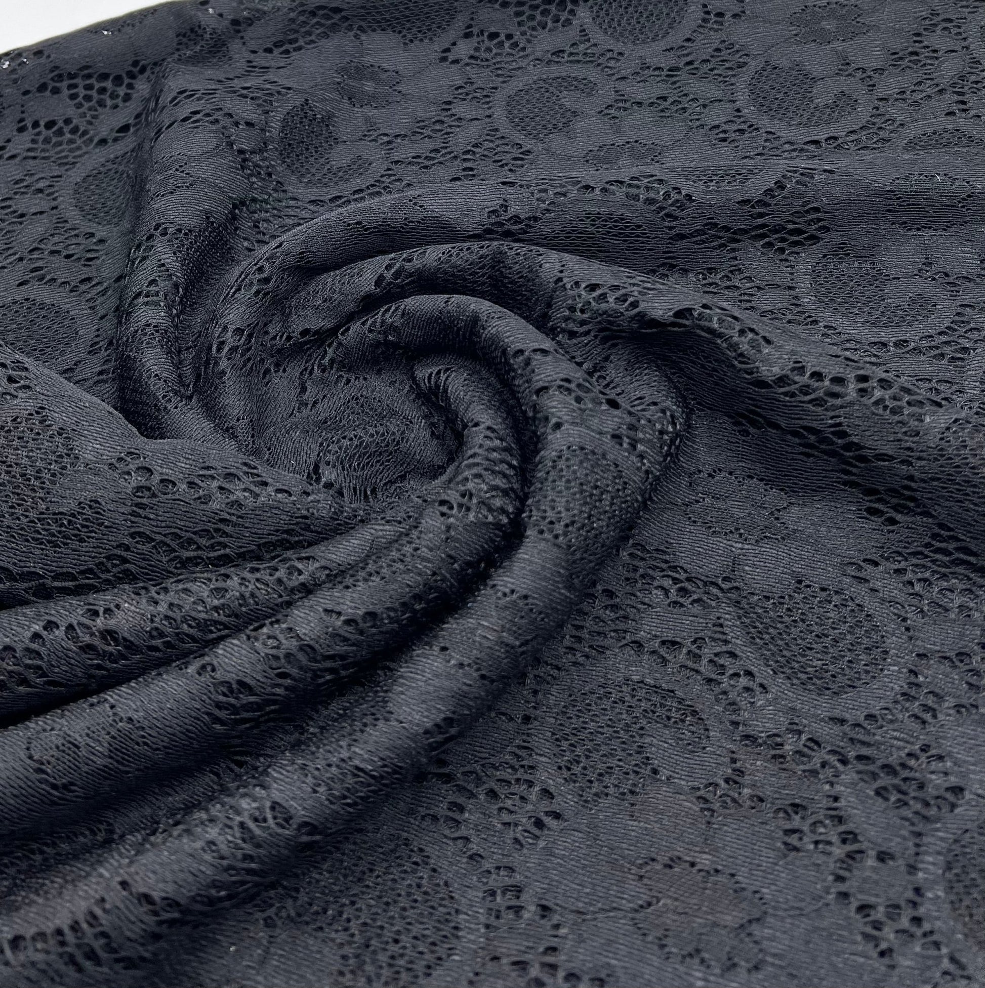 Black Scalloped Edge Floral Lace Fabric Stretch - T9 Fabrics