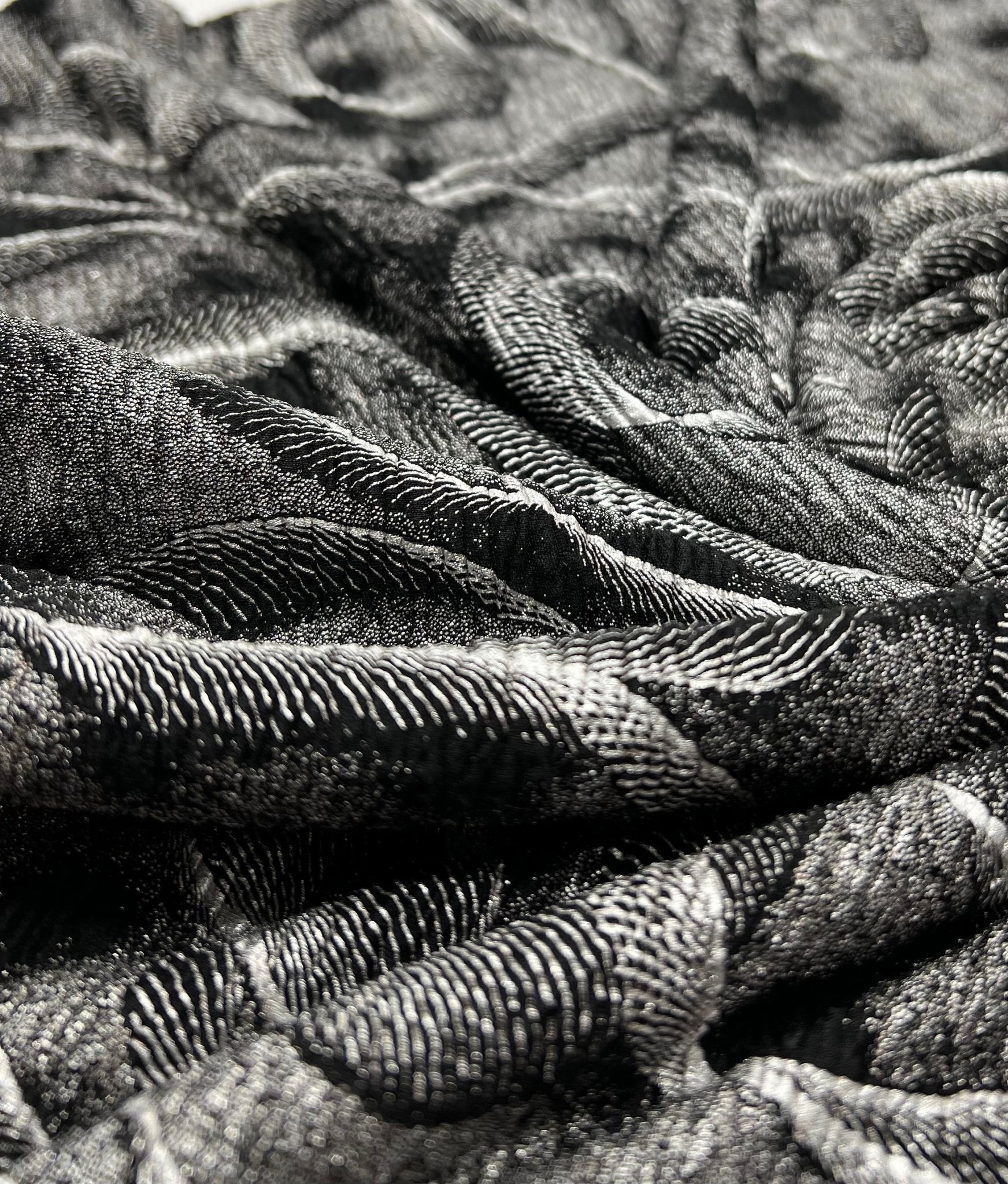 Black Silver Patterned Textured Tree Bark Stretch Dress Craft Fabric - T9 Fabrics