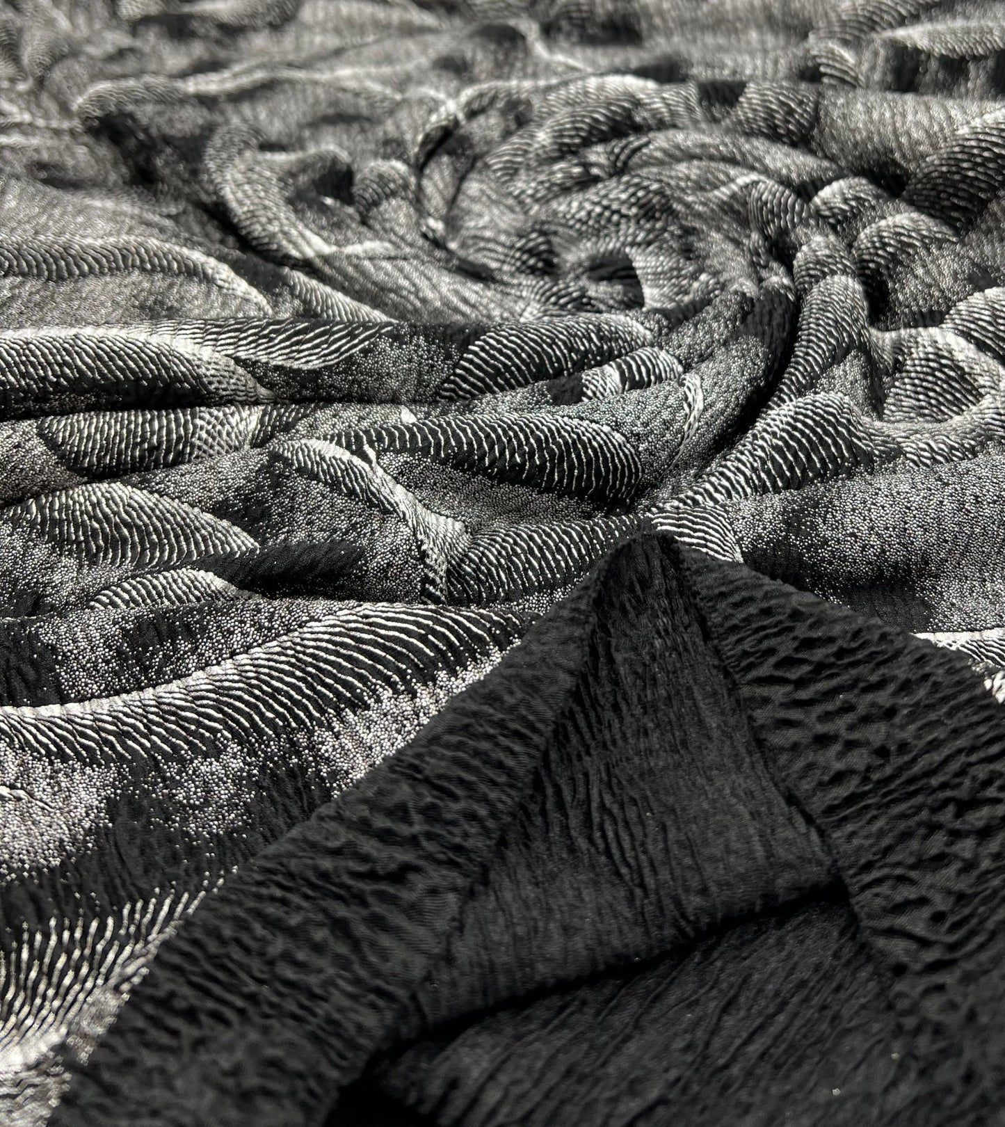 Black Silver Patterned Textured Tree Bark Stretch Dress Craft Fabric - T9 Fabrics