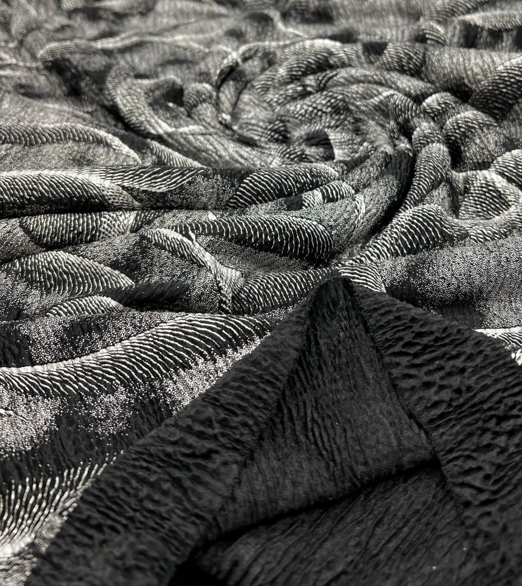 Black Silver Patterned Textured Tree Bark Stretch Dress Craft Fabric - T9 Fabrics