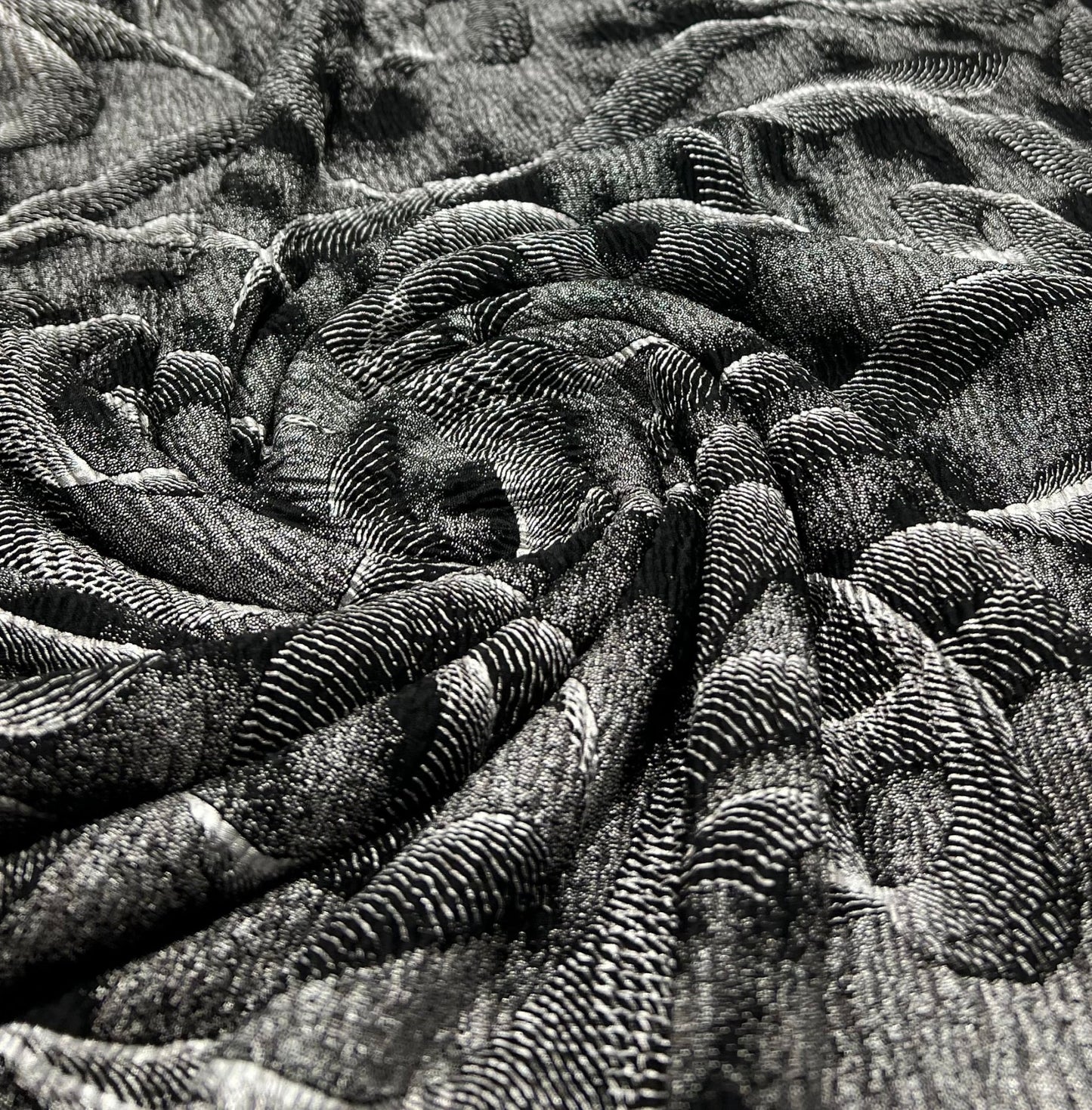 Black Silver Patterned Textured Tree Bark Stretch Dress Craft Fabric - T9 Fabrics
