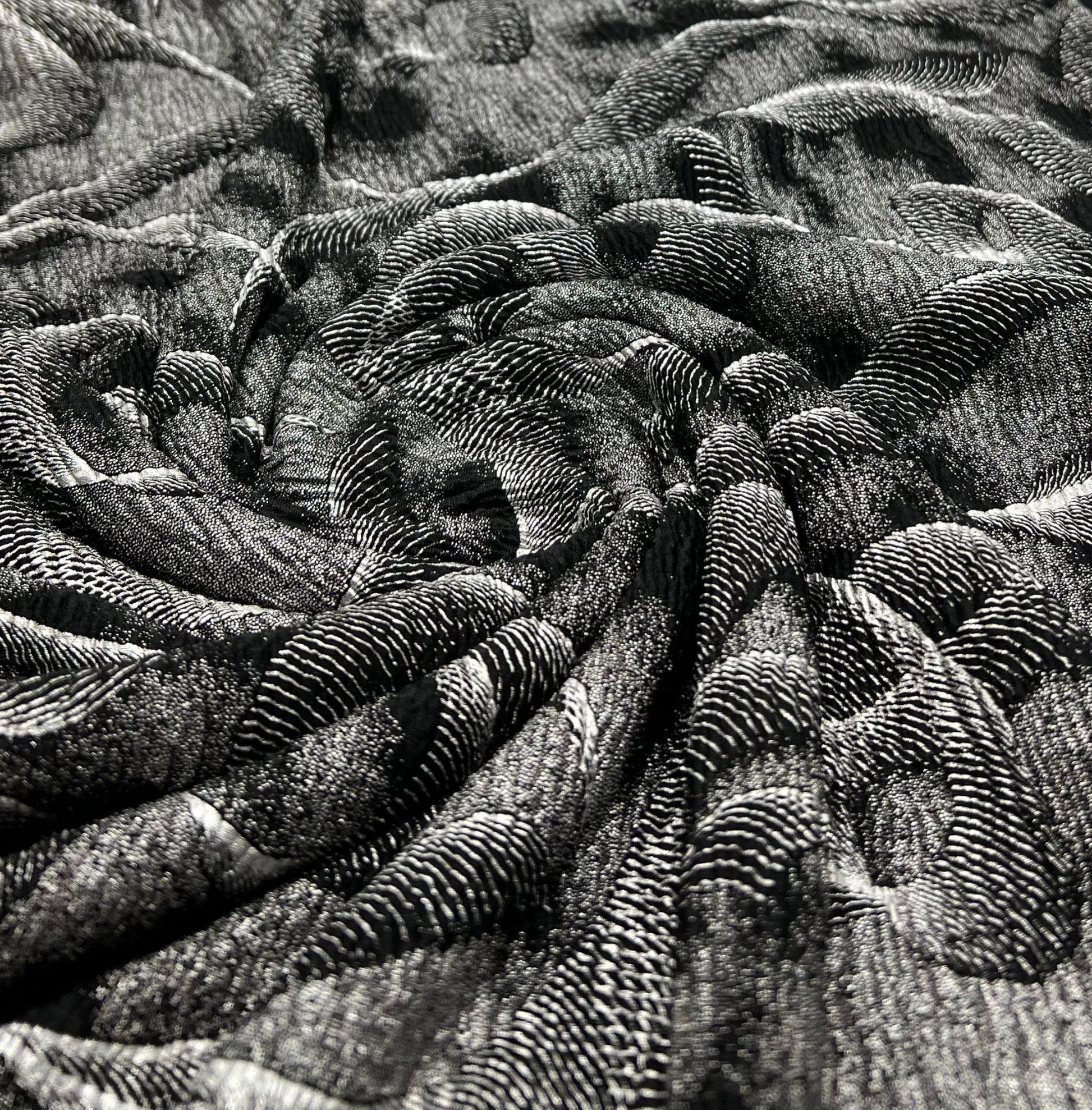 Black Silver Patterned Textured Tree Bark Stretch Dress Craft Fabric - T9 Fabrics