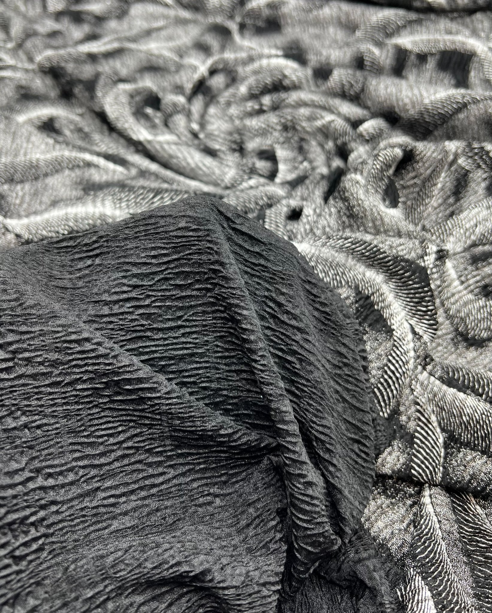 Black Silver Patterned Textured Tree Bark Stretch Dress Craft Fabric - T9 Fabrics