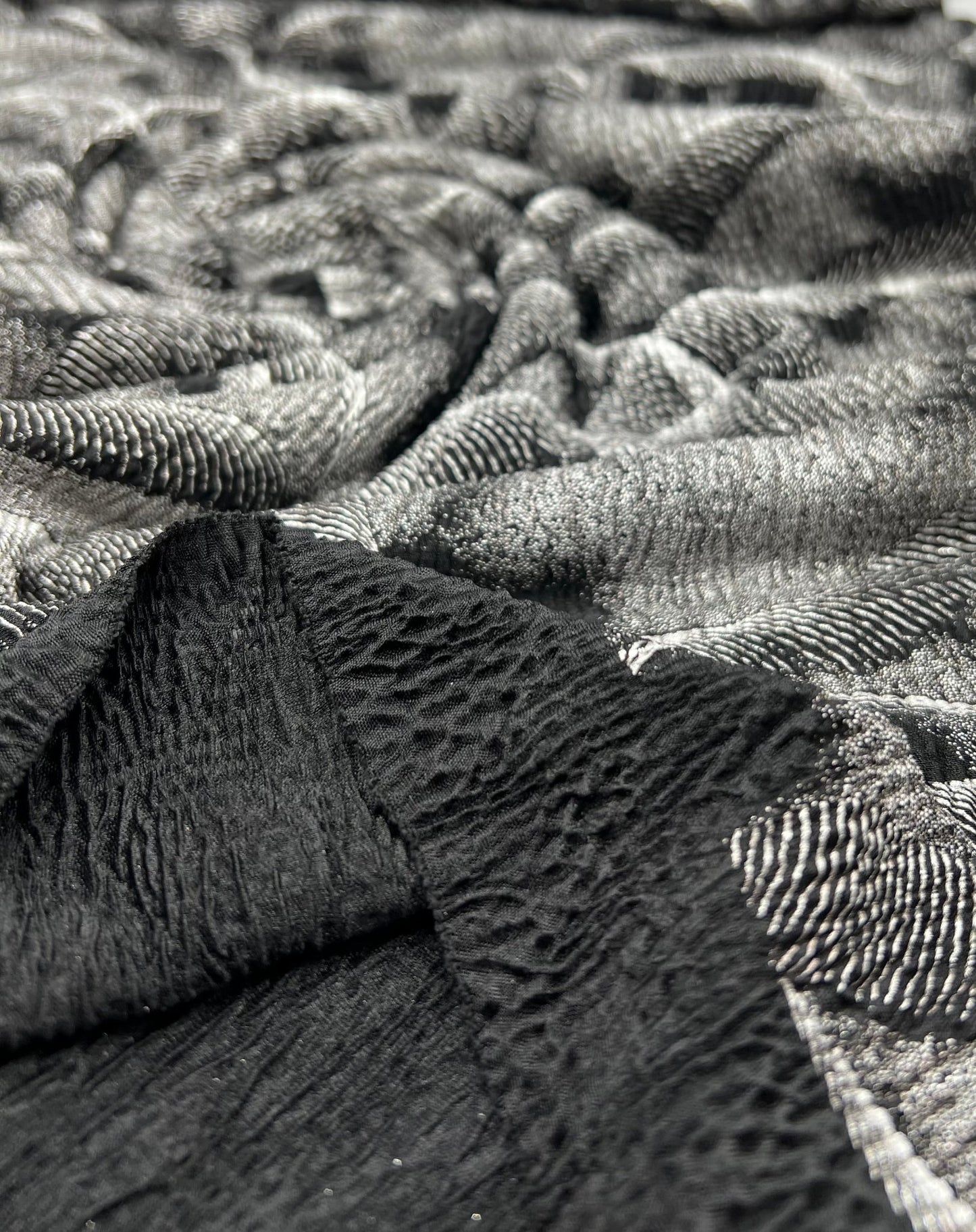Black Silver Patterned Textured Tree Bark Stretch Dress Craft Fabric - T9 Fabrics