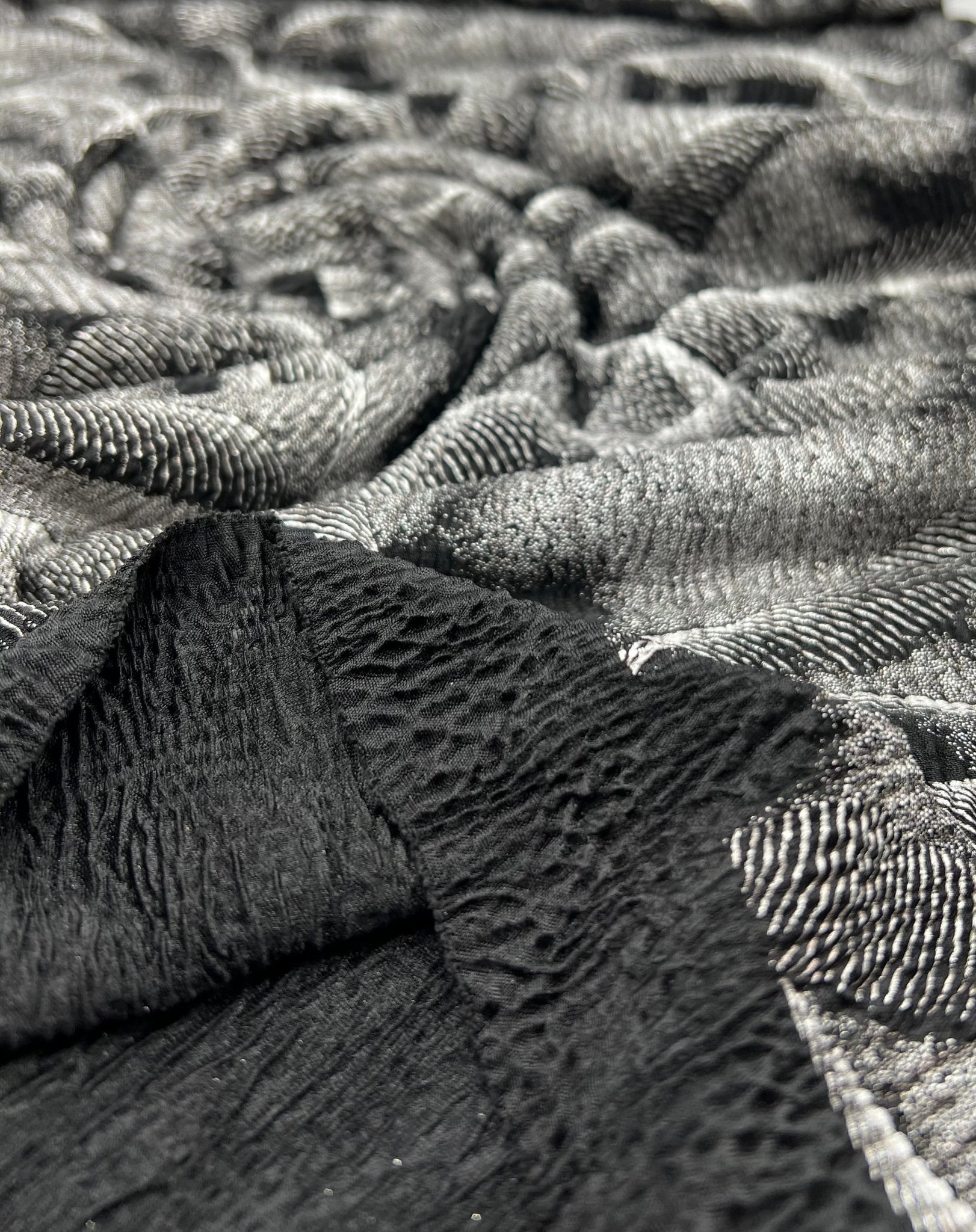 Black Silver Patterned Textured Tree Bark Stretch Dress Craft Fabric - T9 Fabrics