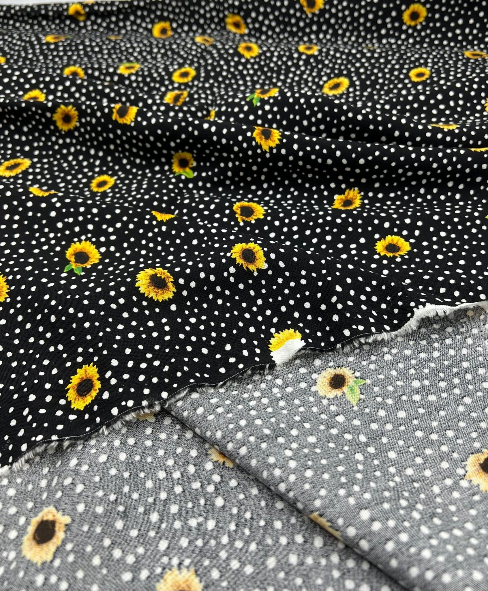 Black Spot Sunflower Lightweight Non Stretch Woven Fabric - T9 Fabrics