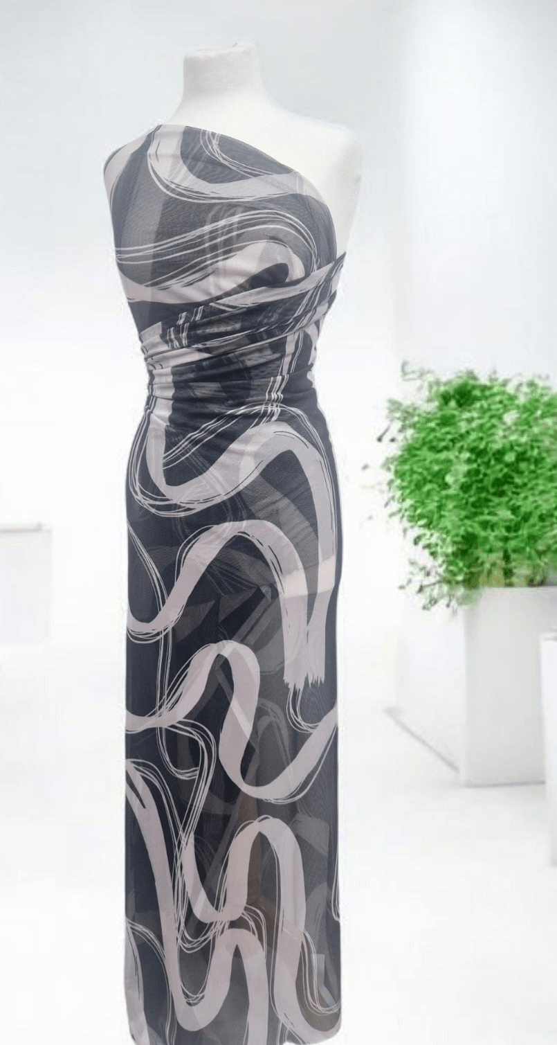 Black Swirl Print Mesh Fabric Stretch - T9 Fabrics