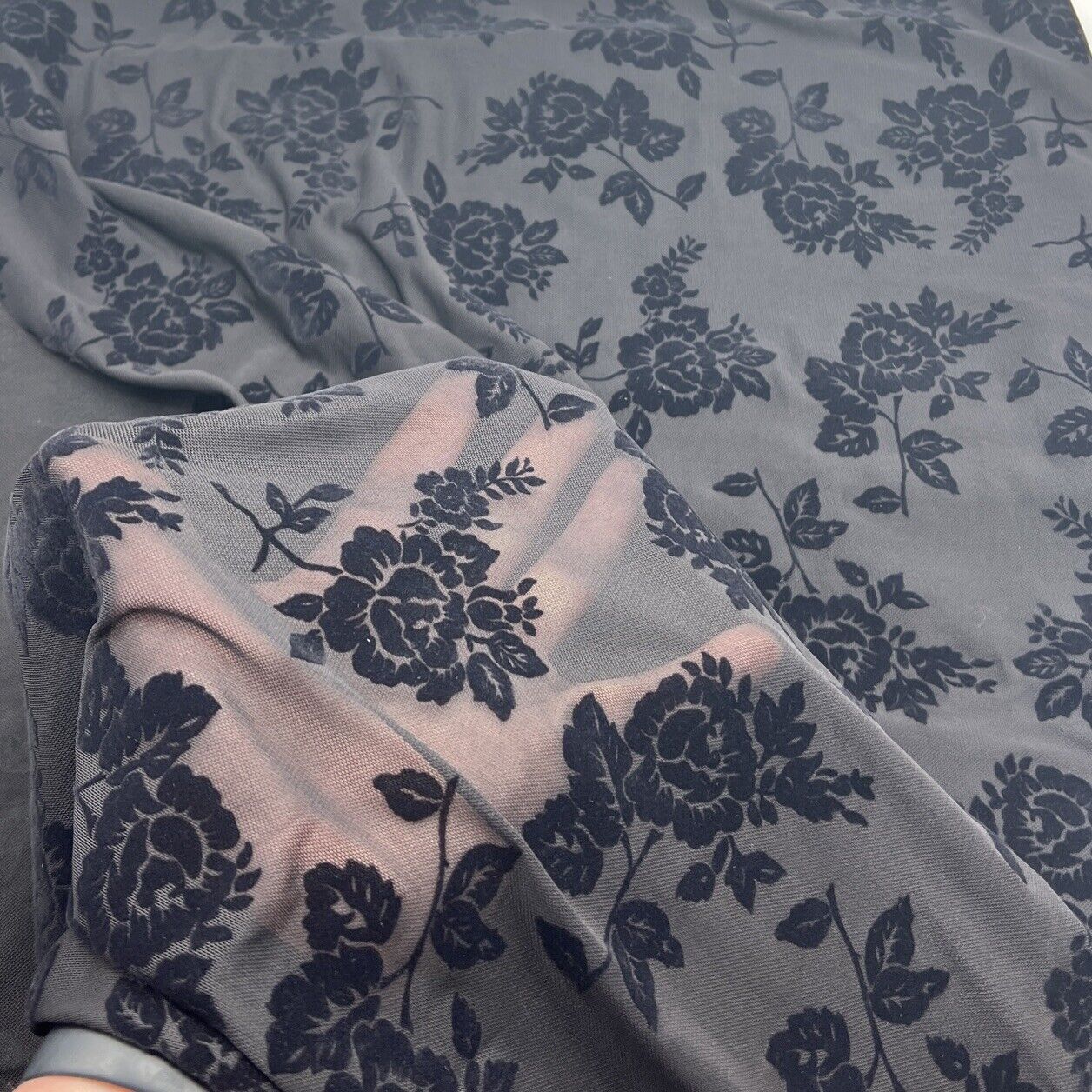 Black Textured Floral Mesh Fabric Stretch - T9 Fabrics