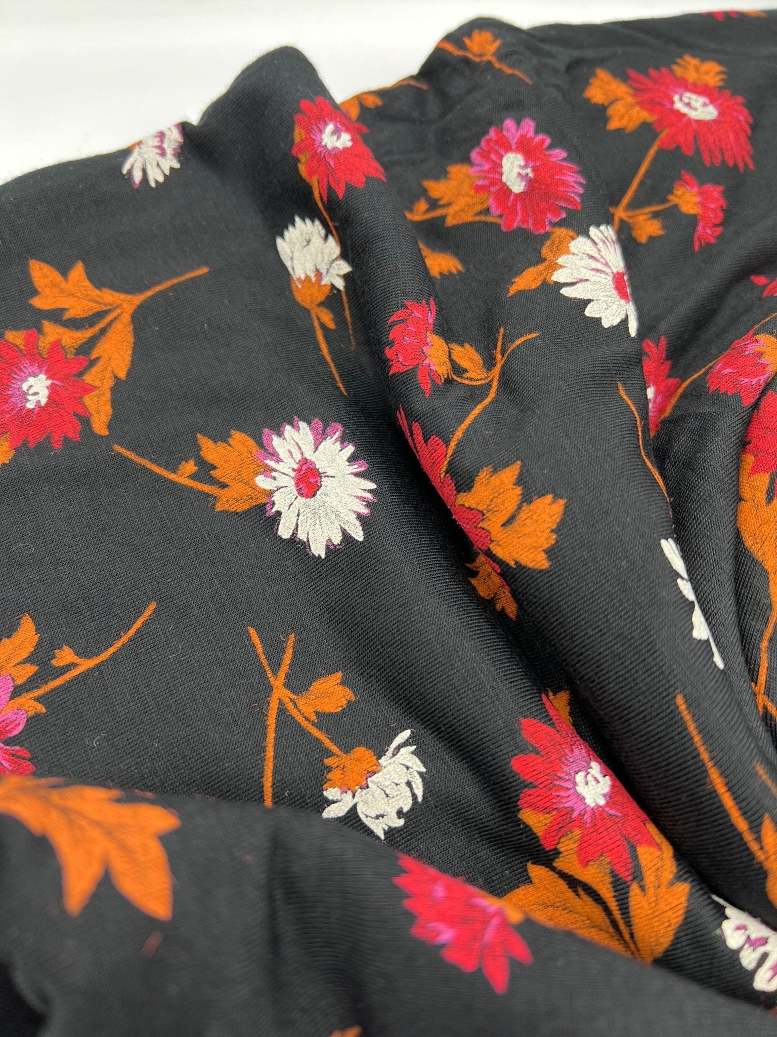 Black White Brown Floral Print Viscose Elastane Fabric - T9 Fabrics