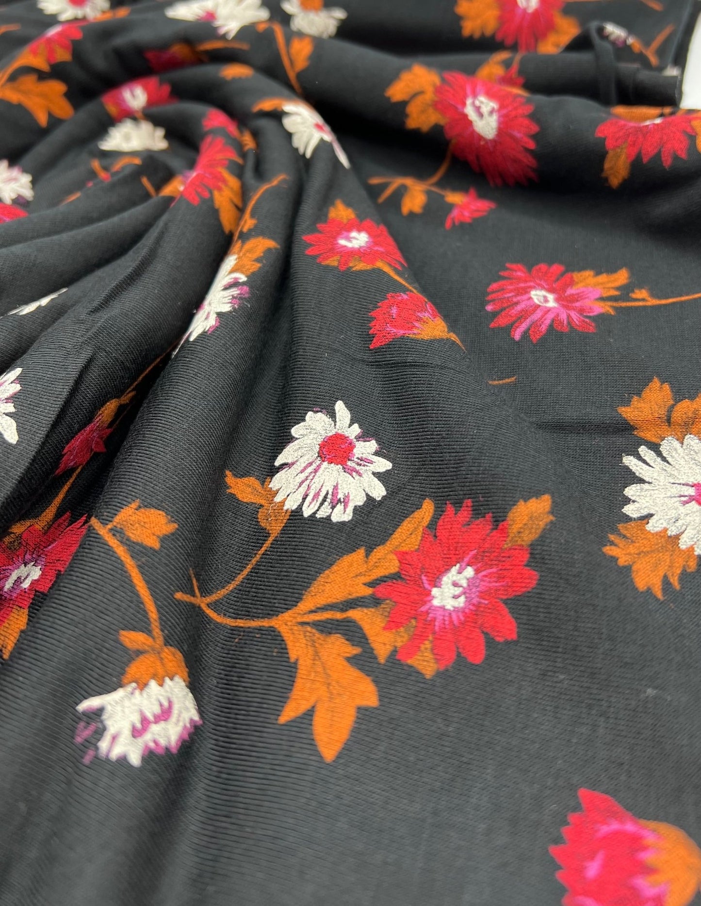 Black White Brown Floral Print Viscose Elastane Fabric - T9 Fabrics