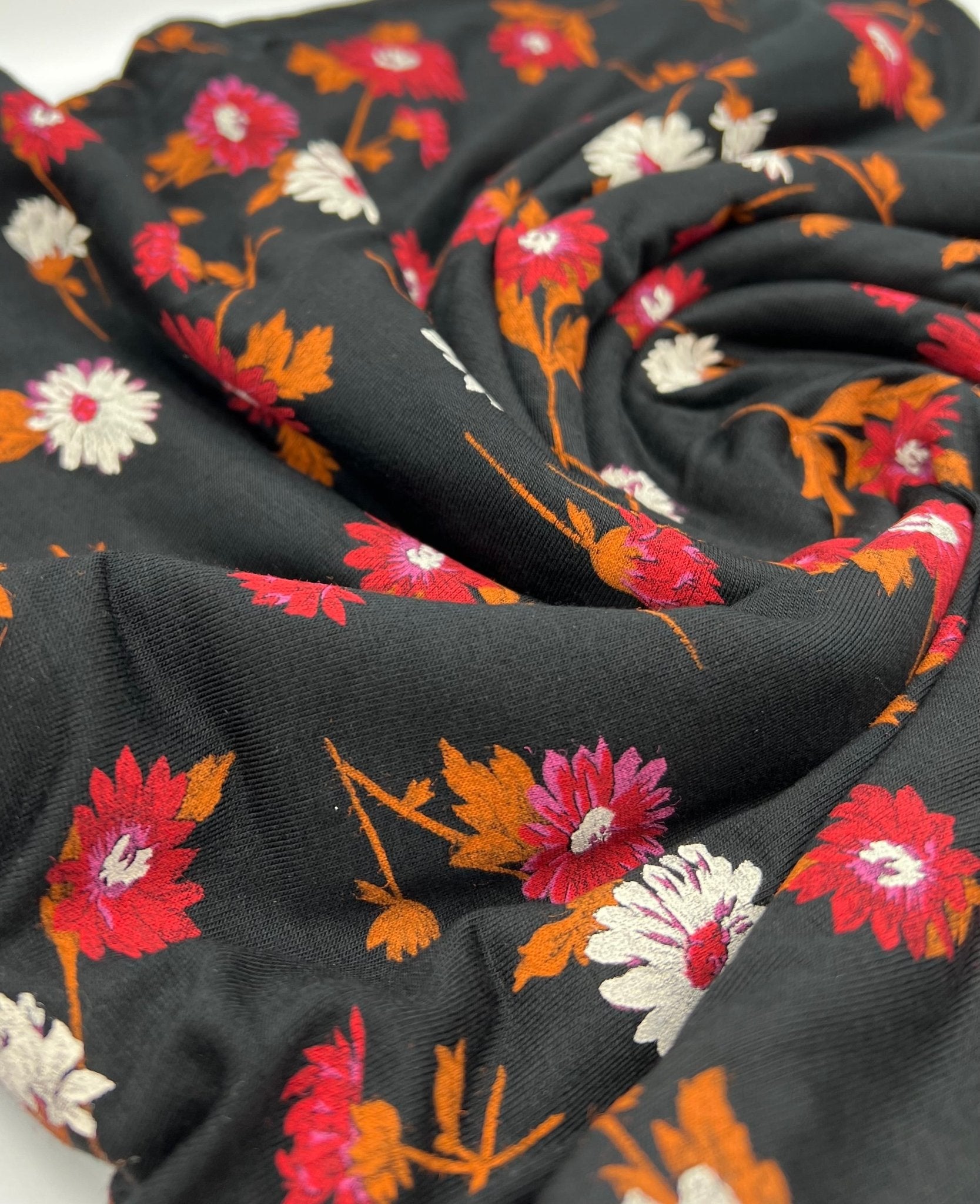 Black White Brown Floral Print Viscose Elastane Fabric - T9 Fabrics