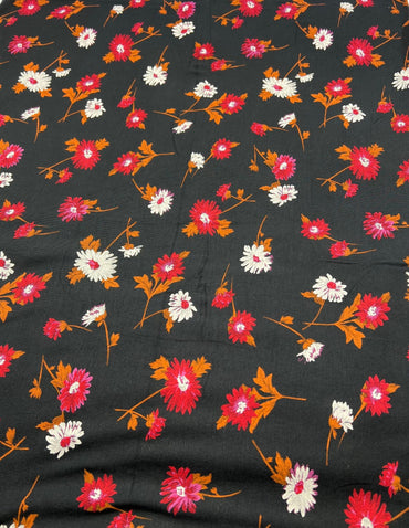 Black White Brown Floral Print Viscose Elastane Fabric - T9 Fabrics