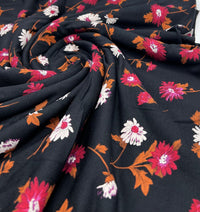 Black White Brown Floral Print Viscose Elastane Fabric - T9 Fabrics