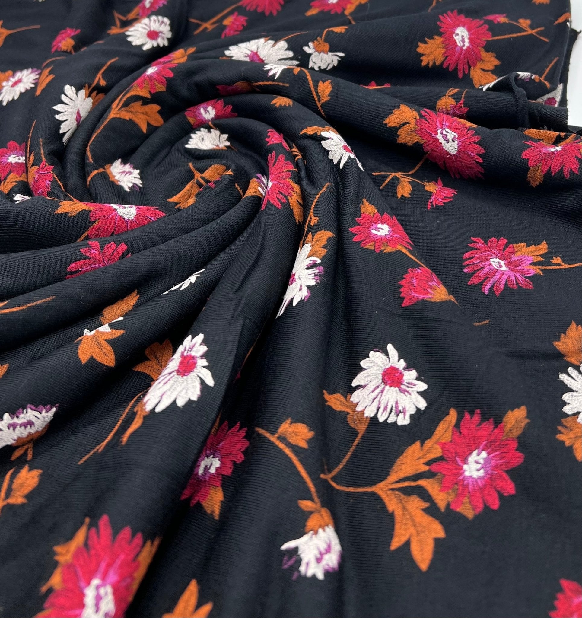 Black White Brown Floral Print Viscose Elastane Fabric - T9 Fabrics