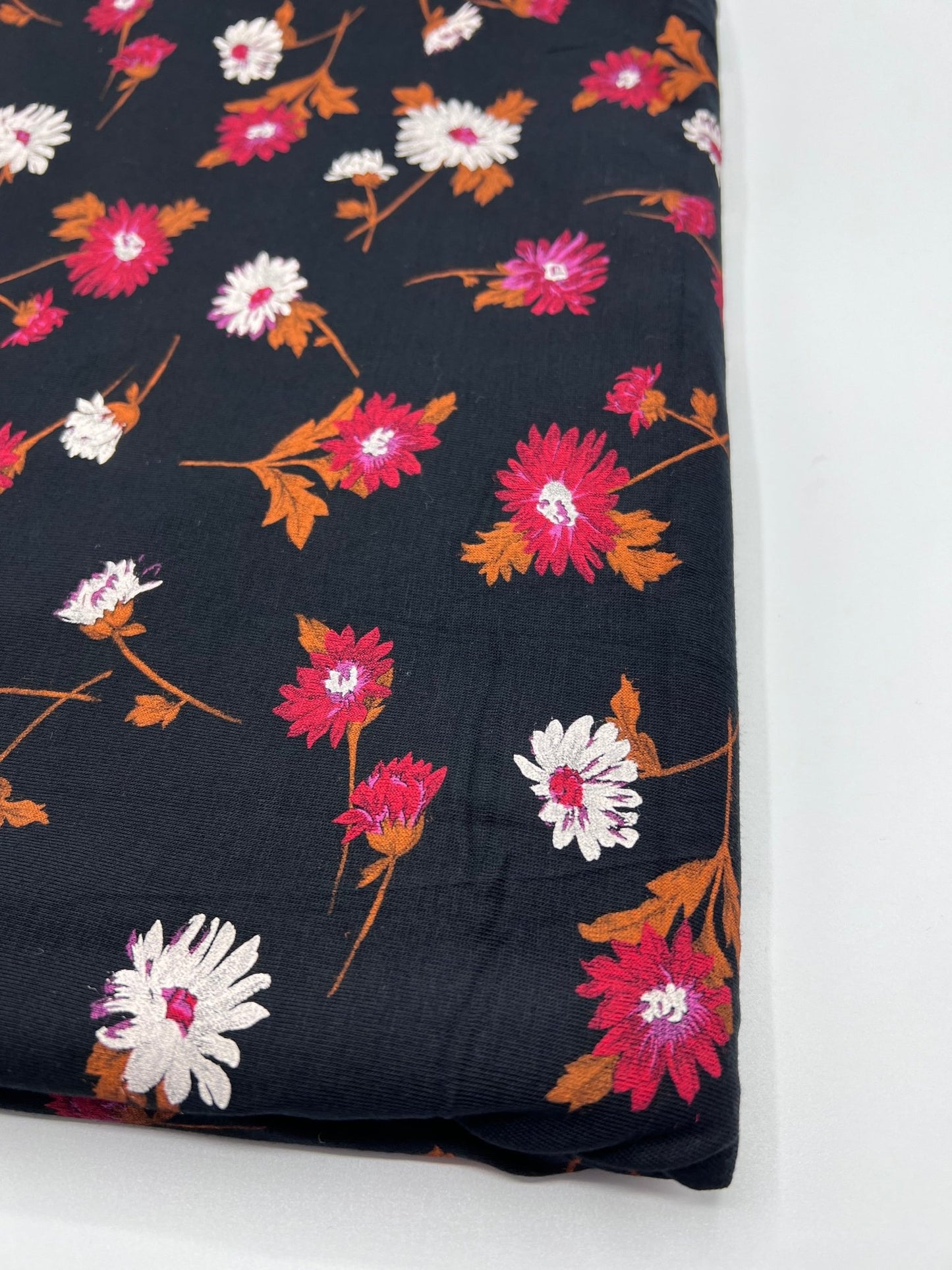 Black White Brown Floral Print Viscose Elastane Fabric - T9 Fabrics