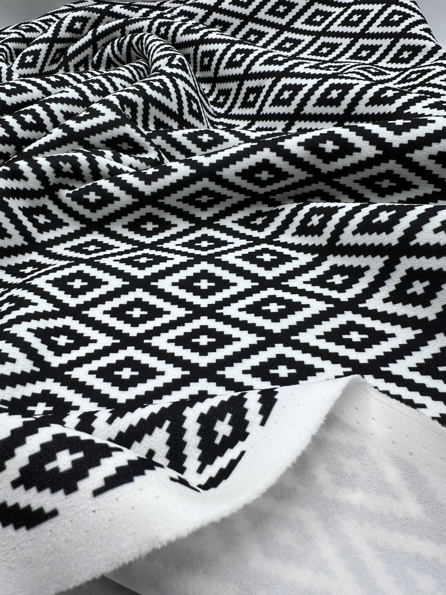 Black White Diamond Printed Scuba Crepe Jersey Fabric 4 Way Stretch - T9 Fabrics