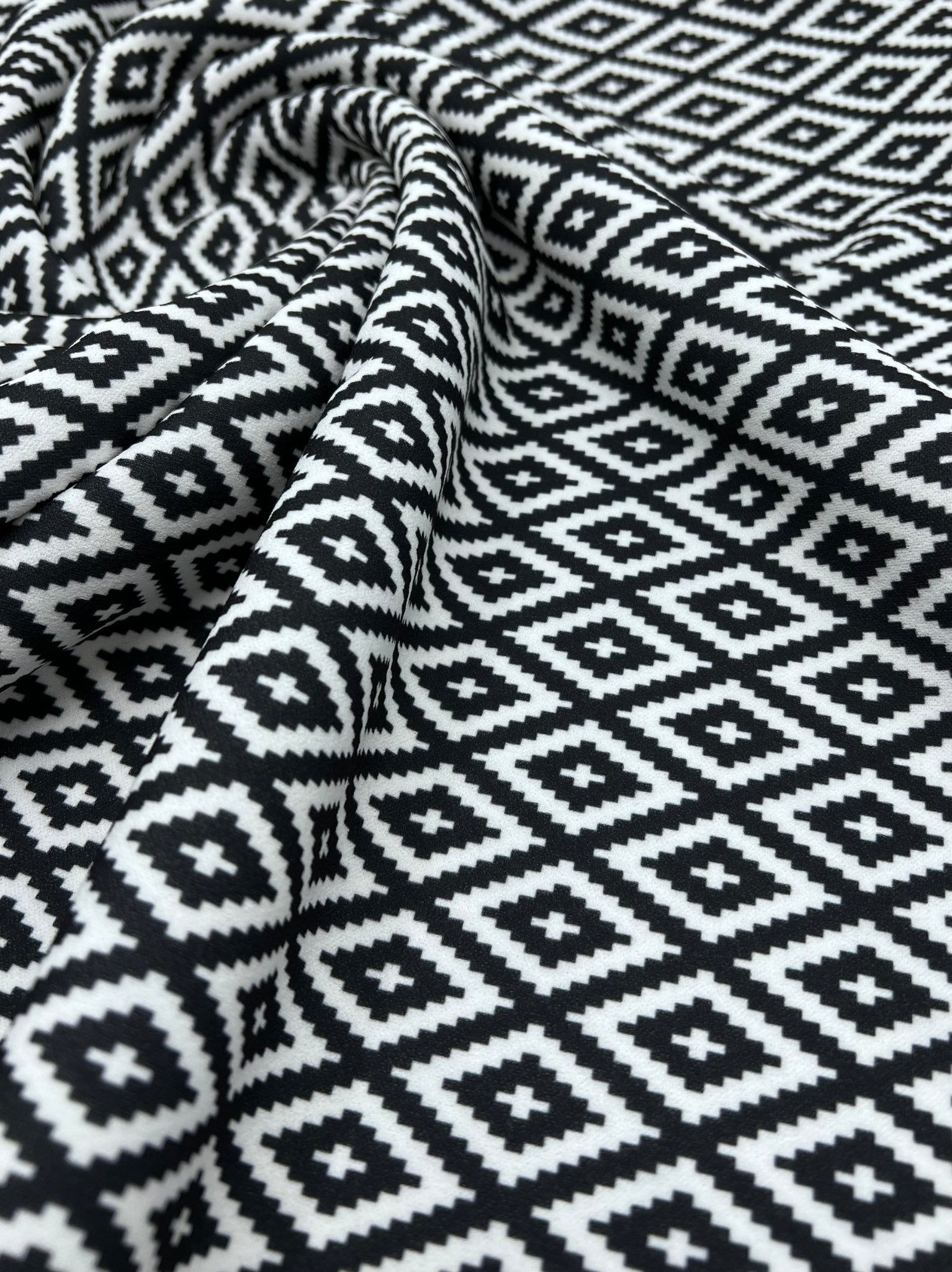 Black White Diamond Printed Scuba Crepe Jersey Fabric 4 Way Stretch - T9 Fabrics