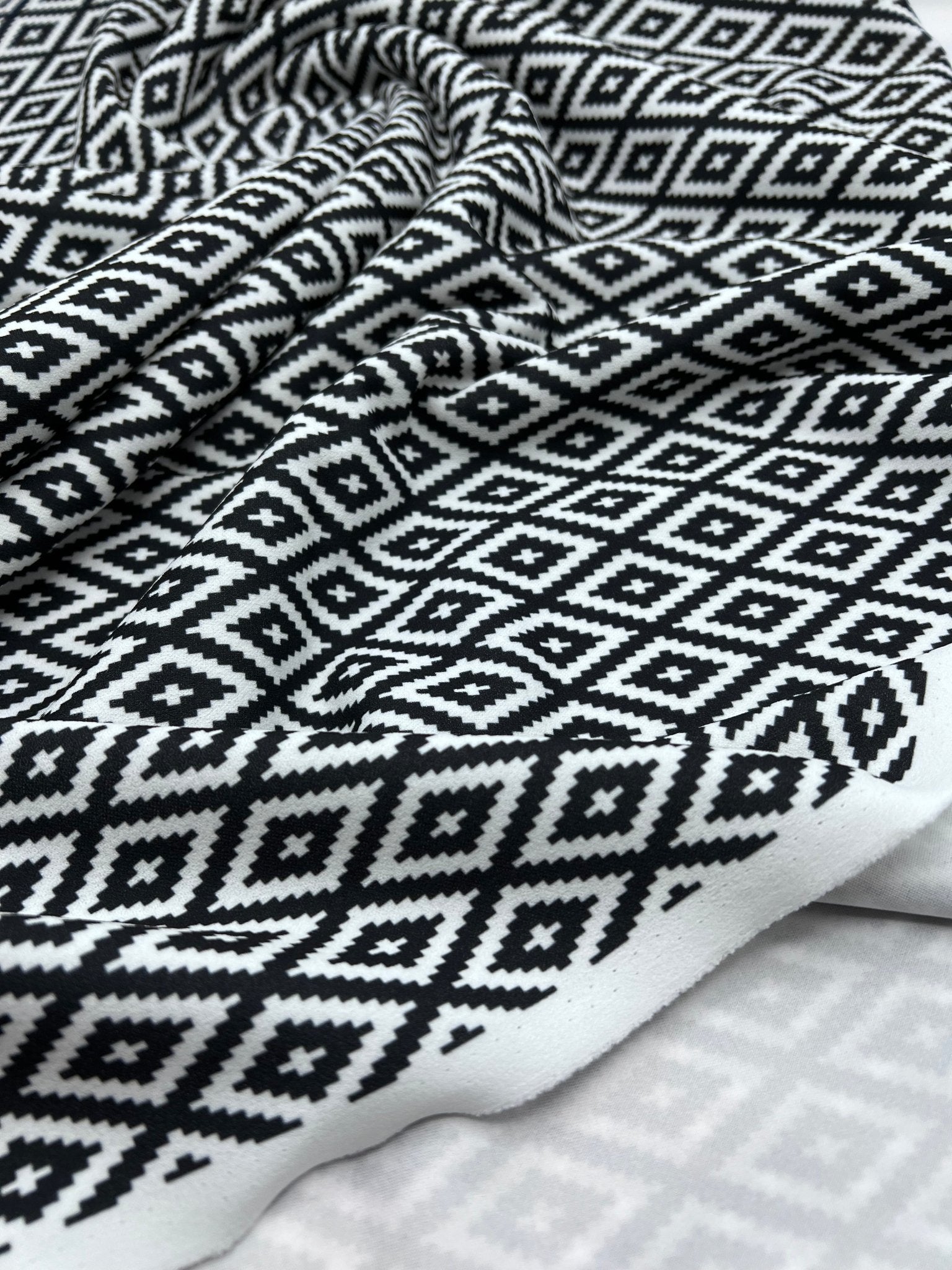 Black White Diamond Printed Scuba Crepe Jersey Fabric 4 Way Stretch - T9 Fabrics