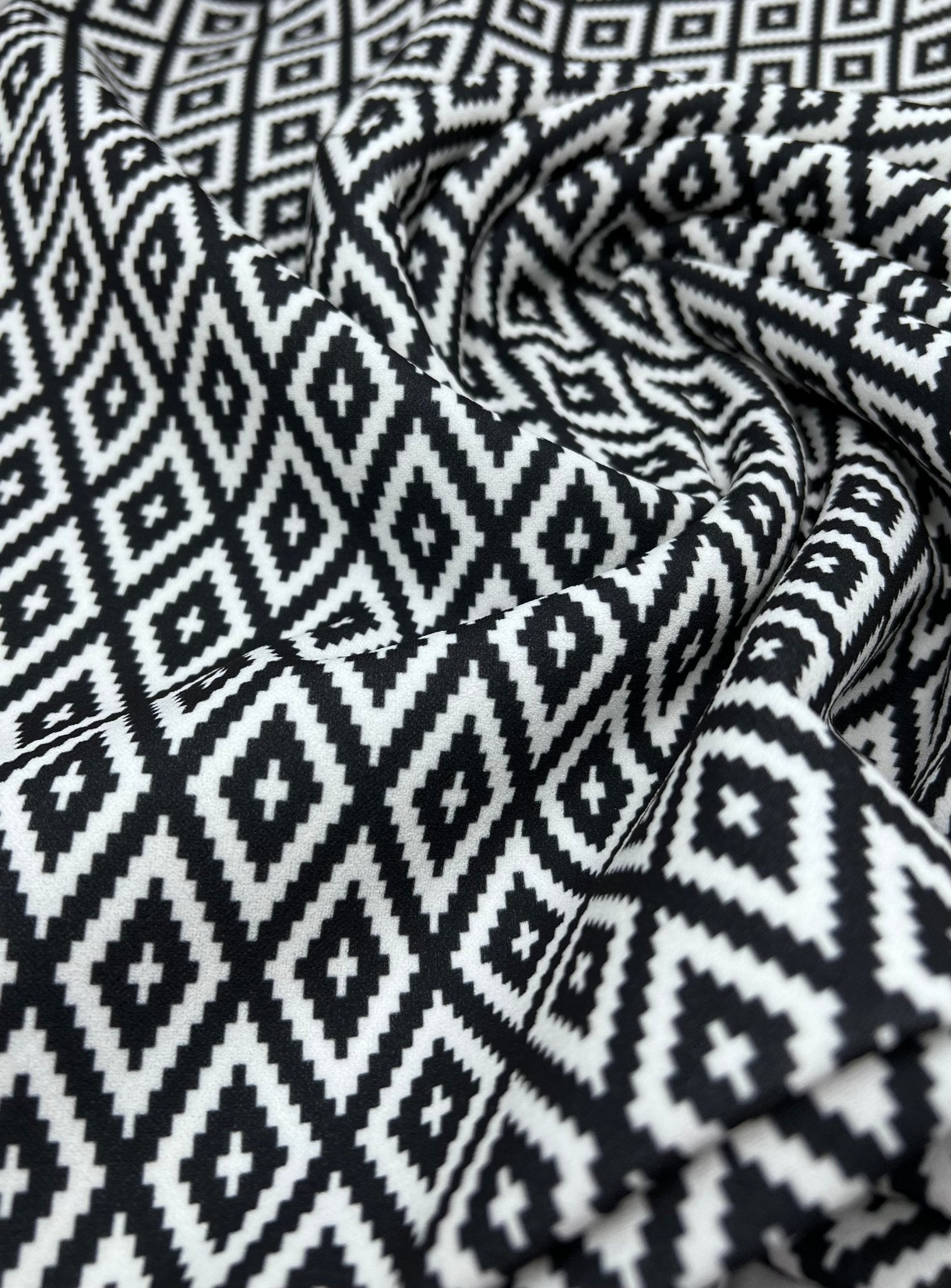 Black White Diamond Printed Scuba Crepe Jersey Fabric 4 Way Stretch - T9 Fabrics