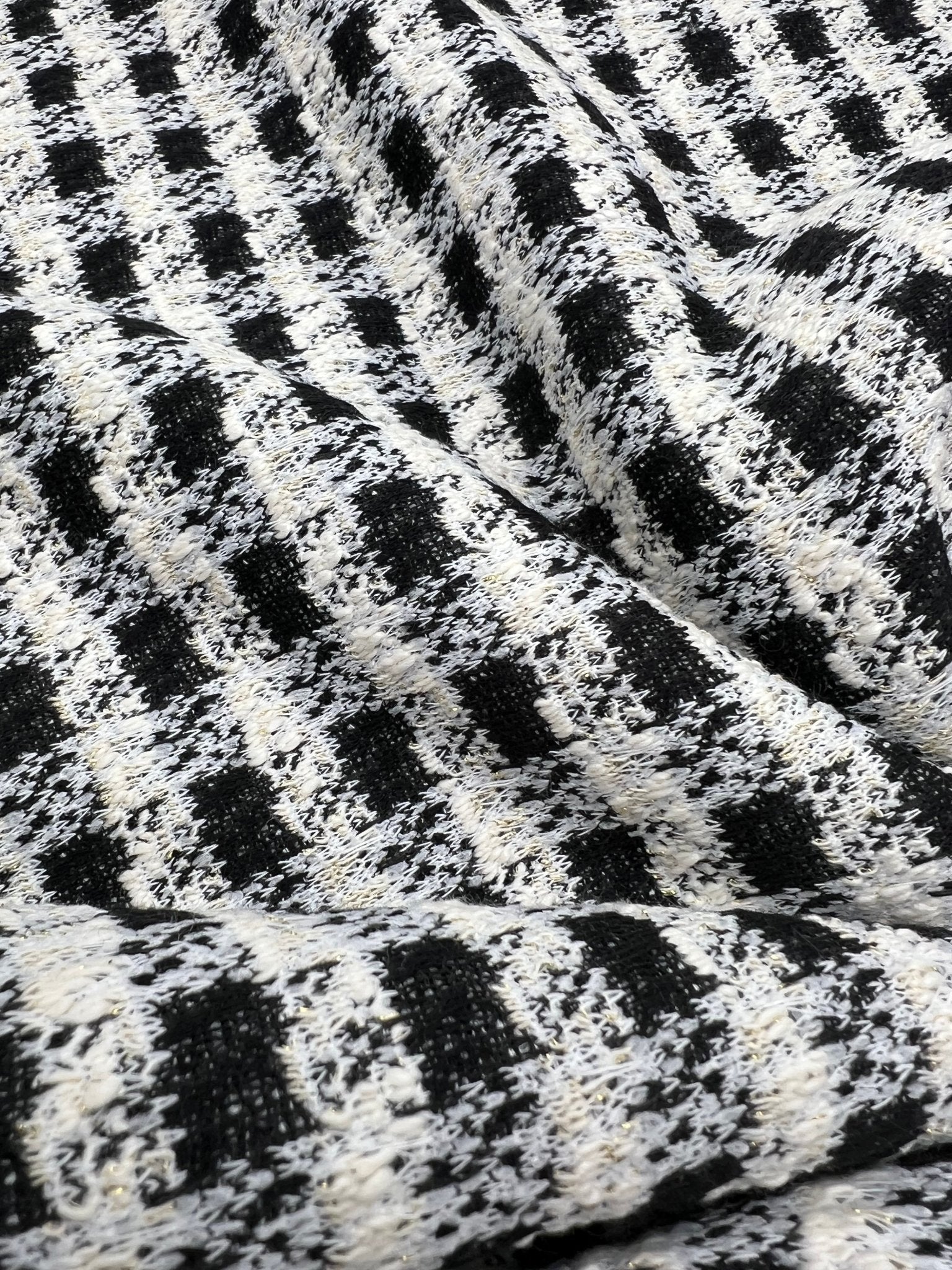 Black White Gingham Gold Speckles Jacquard Stretch Fabric - T9 Fabrics