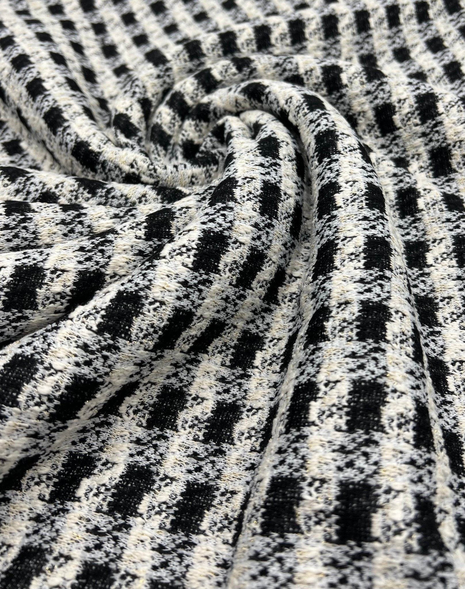 Black White Gingham Gold Speckles Jacquard Stretch Fabric - T9 Fabrics